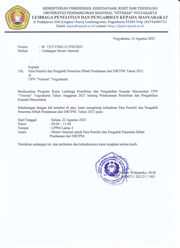 Undangan Monev Internal untuk para Peneliti dan Pengabdi penerima pendanaan DRTPM Kemdikbudristek