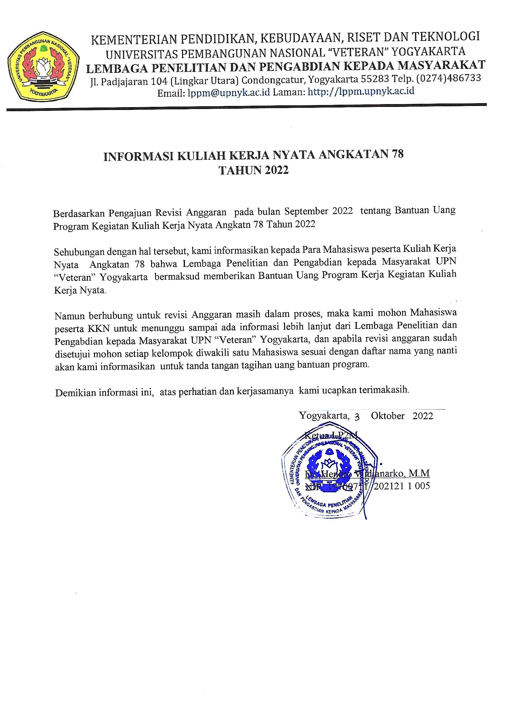 INFORMASI BANTUAN UANG PROGRAM KERJA KULIAH KERJA NYATA ANGKATAN 78