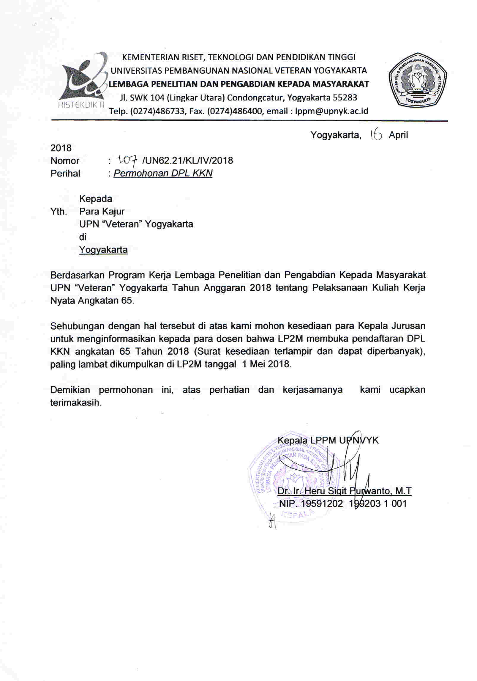 Permohonan Kesediaan Menjadi DPL KKN Angkatan 65