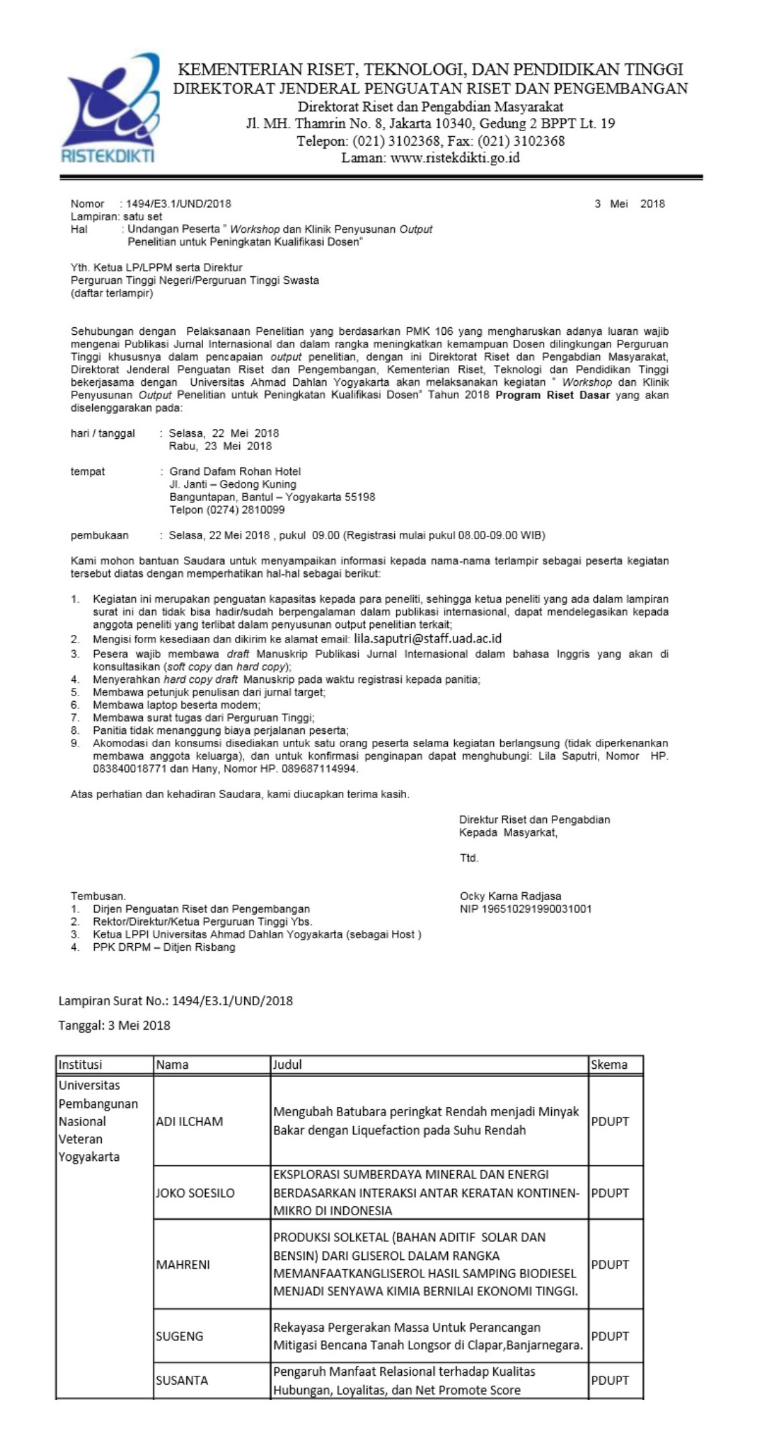 Undangan Peserta  Workshop dan Klinik Penyusunan Output Penelitian untuk Peningkatan Kualifikasi Dos