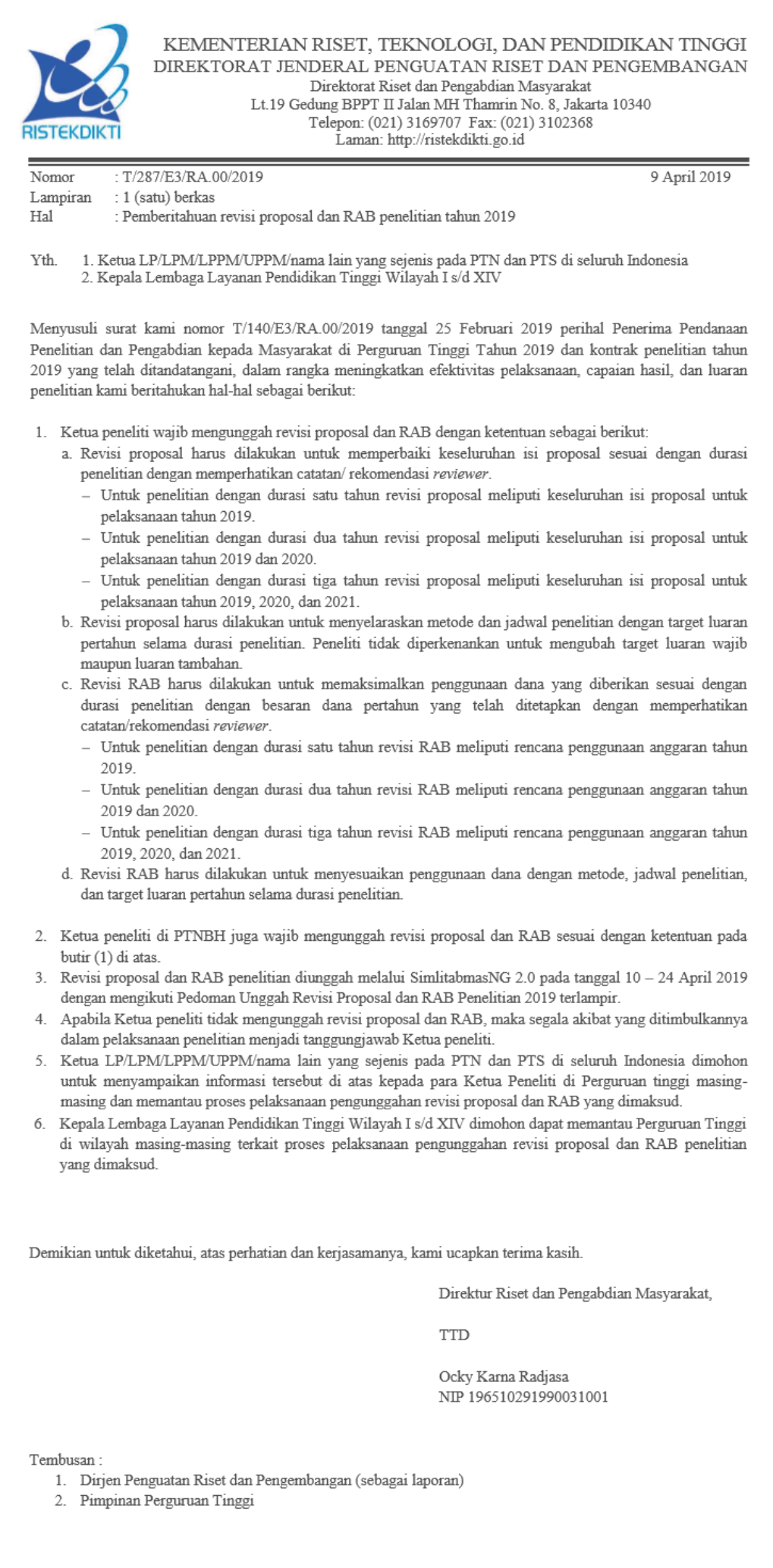 Pemberitahuan perpanjangan waktu upload revisi proposal dan RAB penelitian tahun 2019