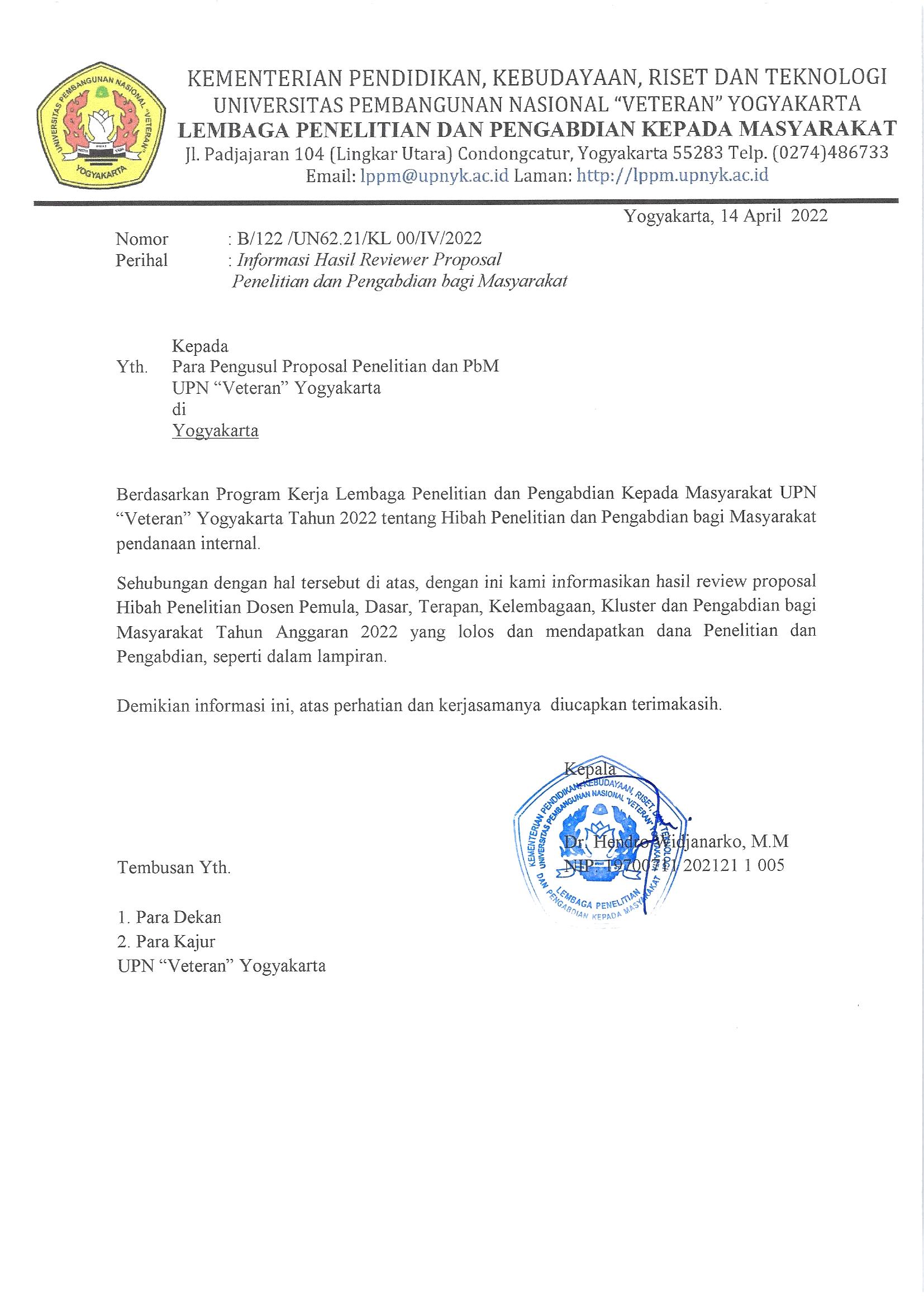 DAFTAR PENERIMA PENDANAAN PROGRAM PENELITIAN DAN PENGABDIAN INTERNAL UPNVY YANG DIDANAI TA 2022