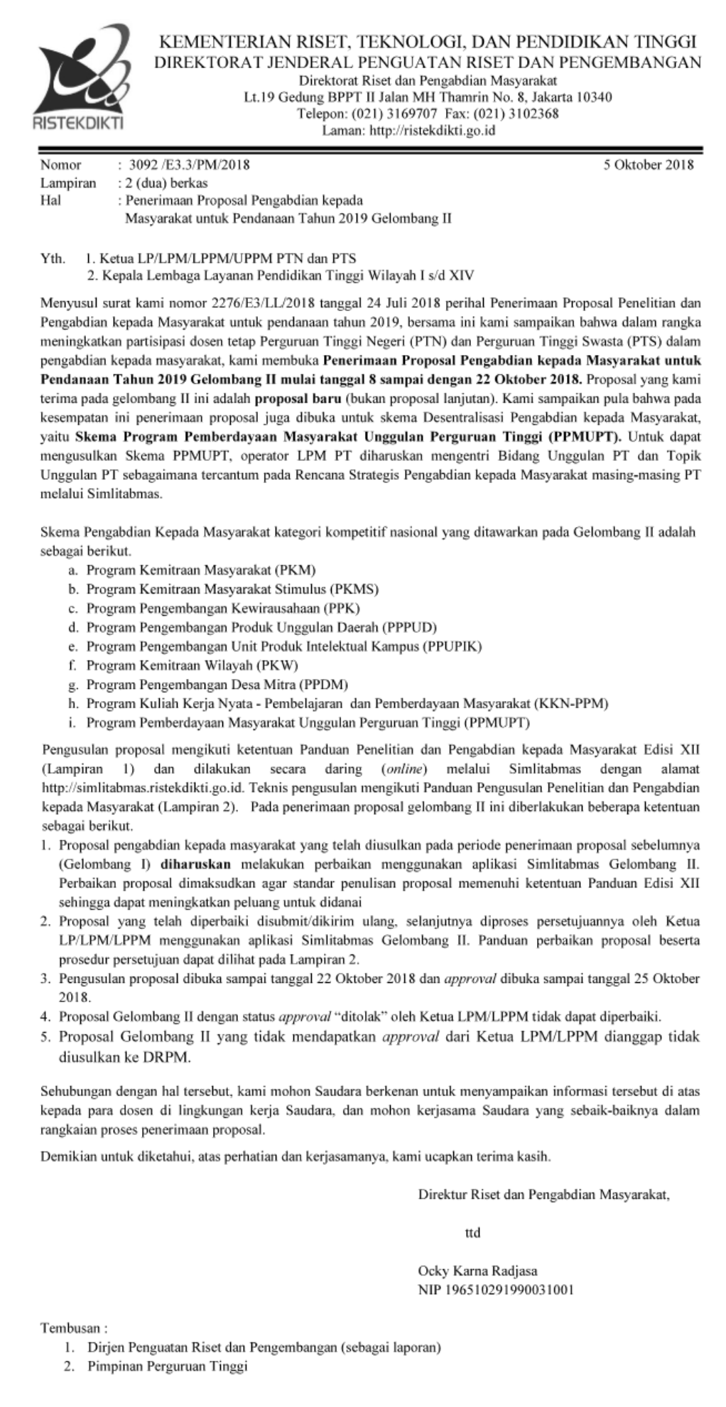 Penerimaan Proposal Pengabdian kepada Masyarakat untuk Pendanaan Tahun 2019 Gelombang II