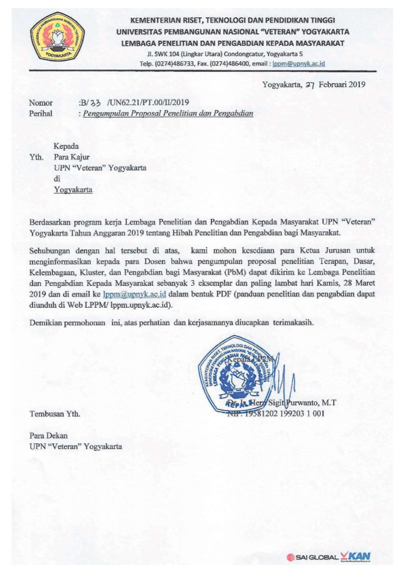 Pengumpulan Proposal Penelitian dan Pengabdian Internal