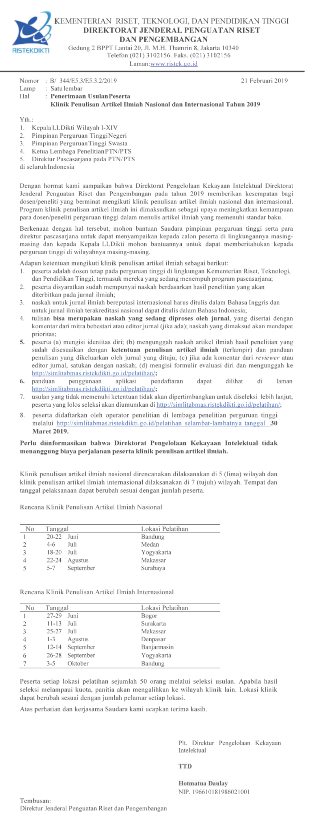 Penerimaan Usulan Peserta Klinik Penulisan Artikel Ilmiah Nasional dan Internasional Tahun 2019