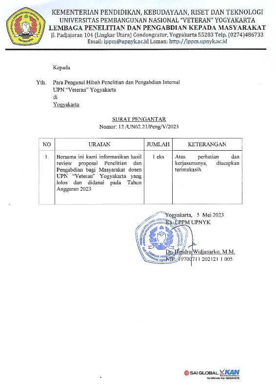 DAFTAR PENERIMA PENDANAAN PROGRAM PENELITIAN DAN PENGABDIAN INTERNAL UPNYK YANG DIDANAI TAHUN ANGGARAN 2023