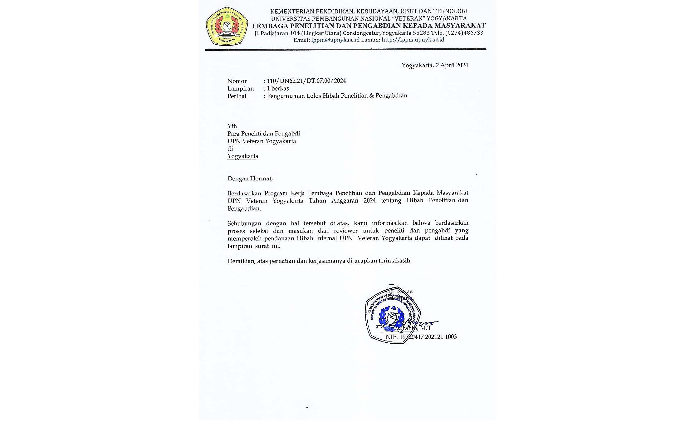 Pengumuman lolos Peneitian &amp; Pengabdian hibah internal UPNVY TA 2024