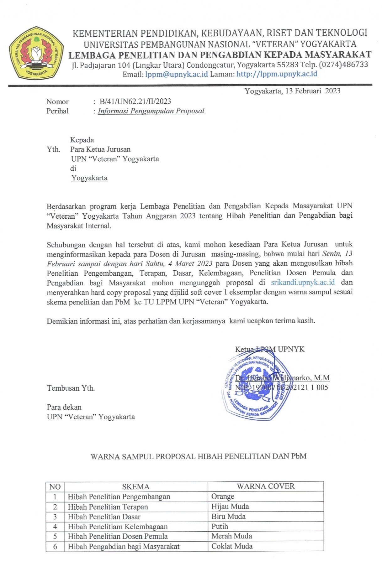 Informasi Unggah Proposal dan Pengumpulan Hard Copy Proposal Hibah Internal UPNYK TA 2023