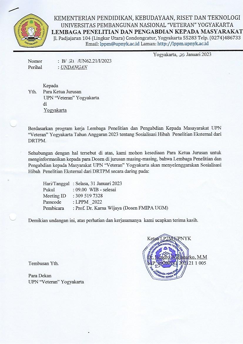 Undangan Sosialisasi Hibah Penelitian Eksternal DRTPM 2023