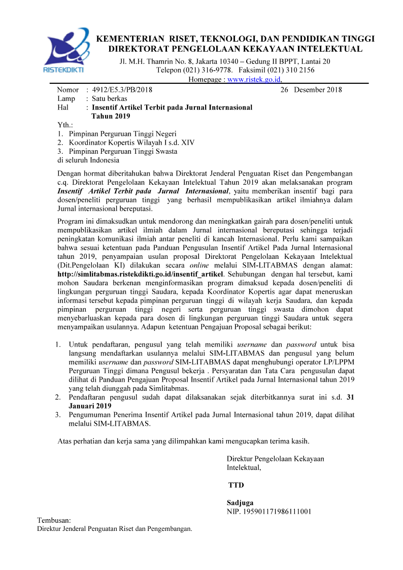 Insentif Artikel Terbit pada Jurnal Internasional Tahun 2019