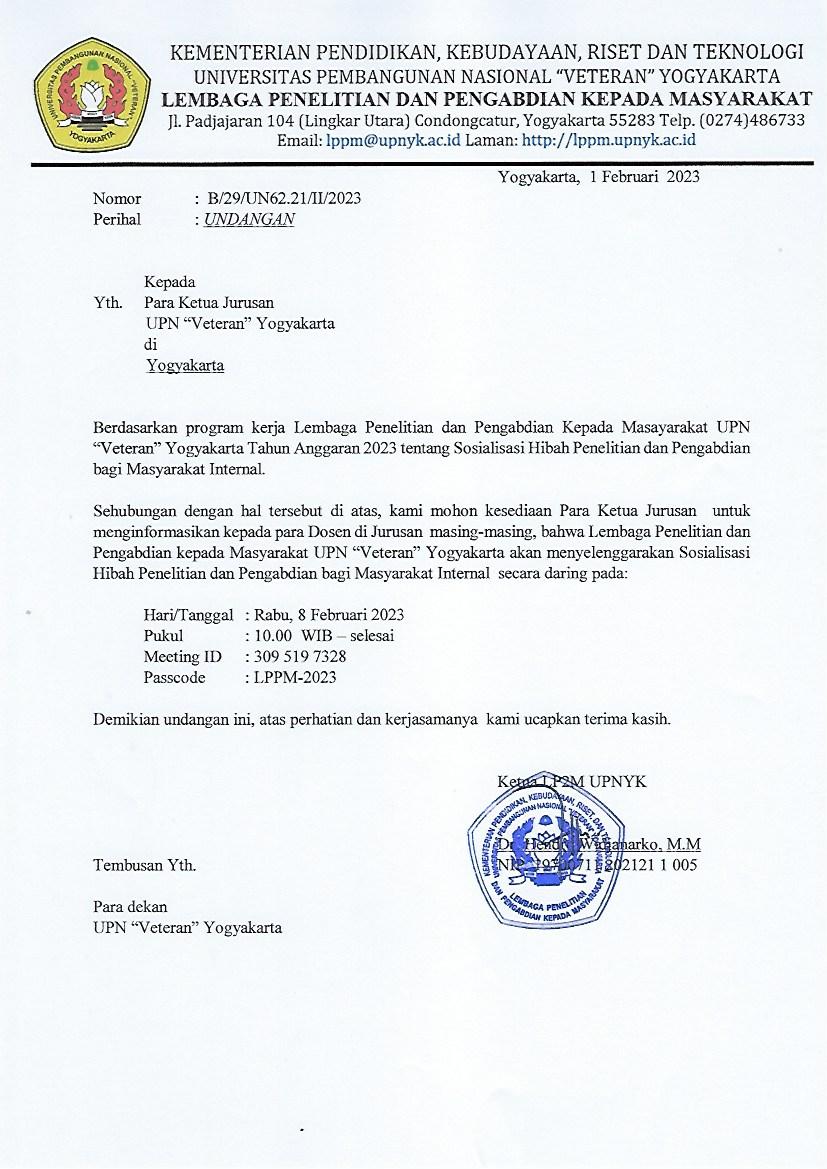 Undangan Sosialisasi Hibah Penelitian dan Pengabdian Internal TA 2023