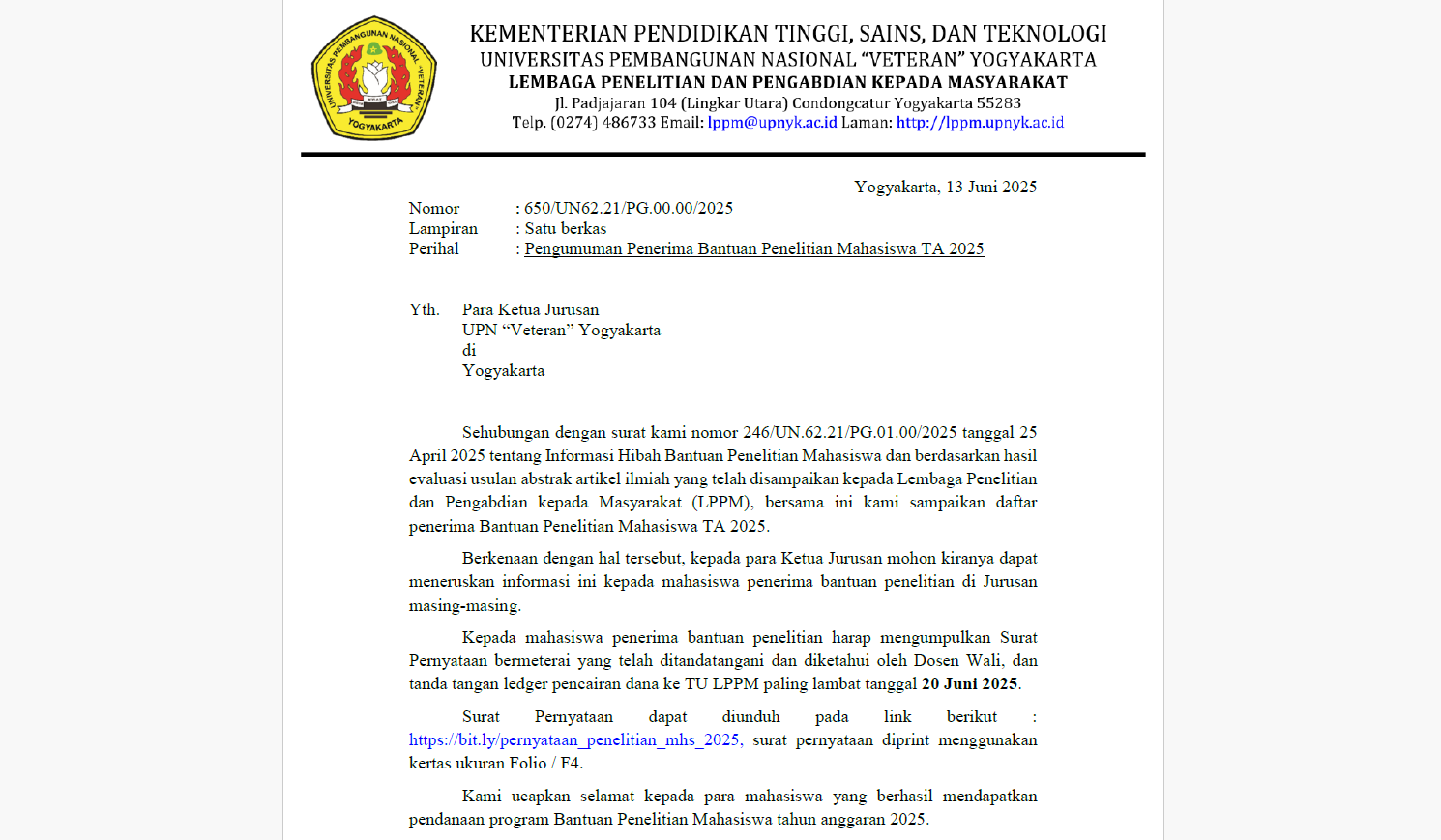 Pengumuman Penerima Bantuan Penelitian Mahasiswa TA 2025