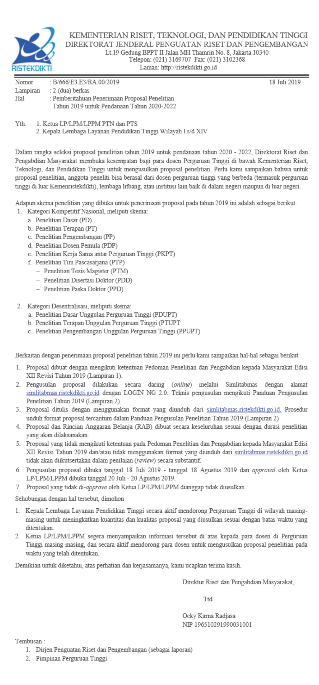 Pemberitahuan Penerimaan Proposal Penelitian Tahun 2019 untuk Pendanaan Tahun 2020-2022