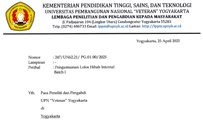 Pengumuman Lolos Hibah Internal batch 1 2025