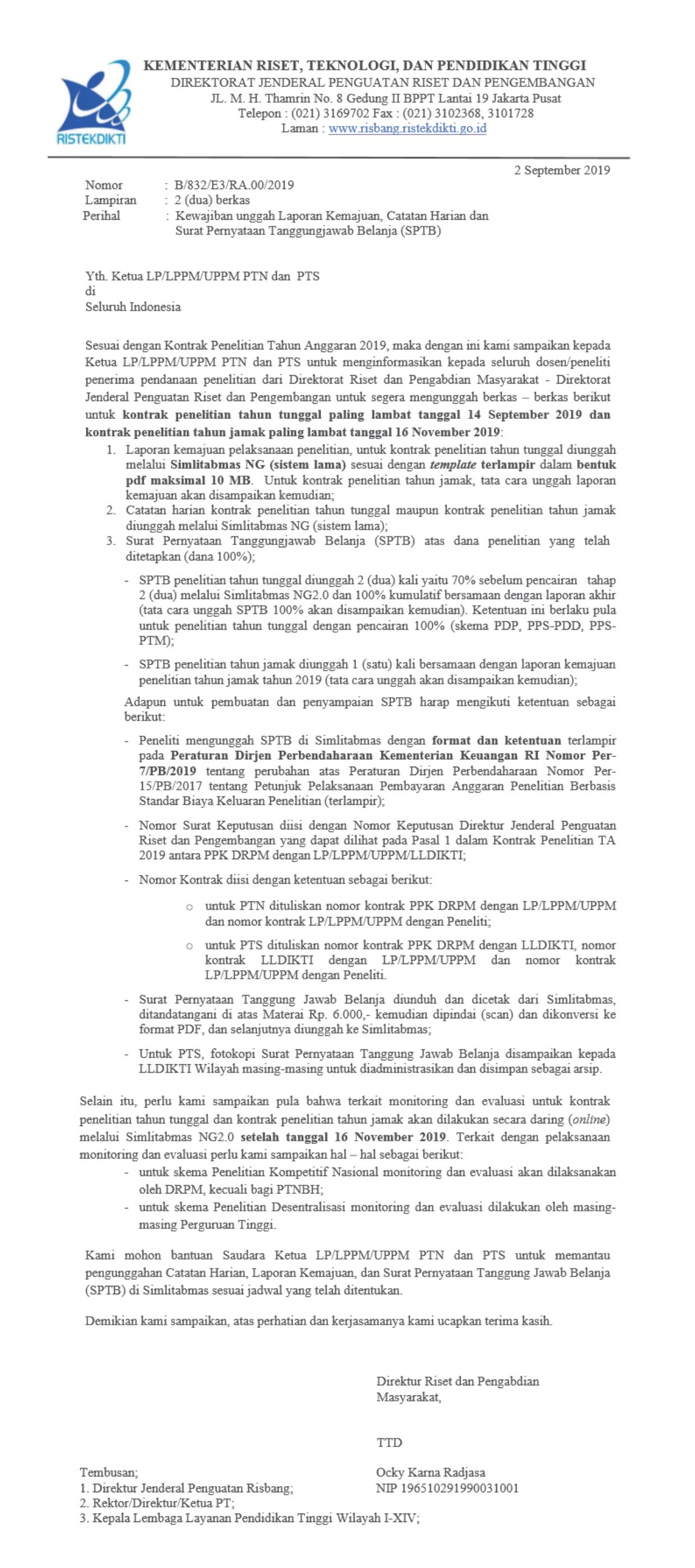 Kewajiban unggah Laporan Kemajuan, Catatan Harian dan Surat Pernyataan Tanggungjawab Belanja (SPTB)