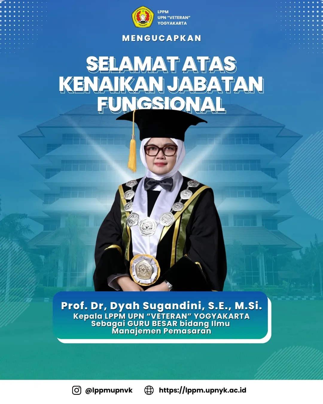 LPPM UPNVY mengucapkan selamat dan sukses kepada Prof. Dr. Dyah Sugandini, S.E., M.Si. atas kenaikan jabatan sebagai Guru Besar bidang Ilmu Manajemen Pemasaran