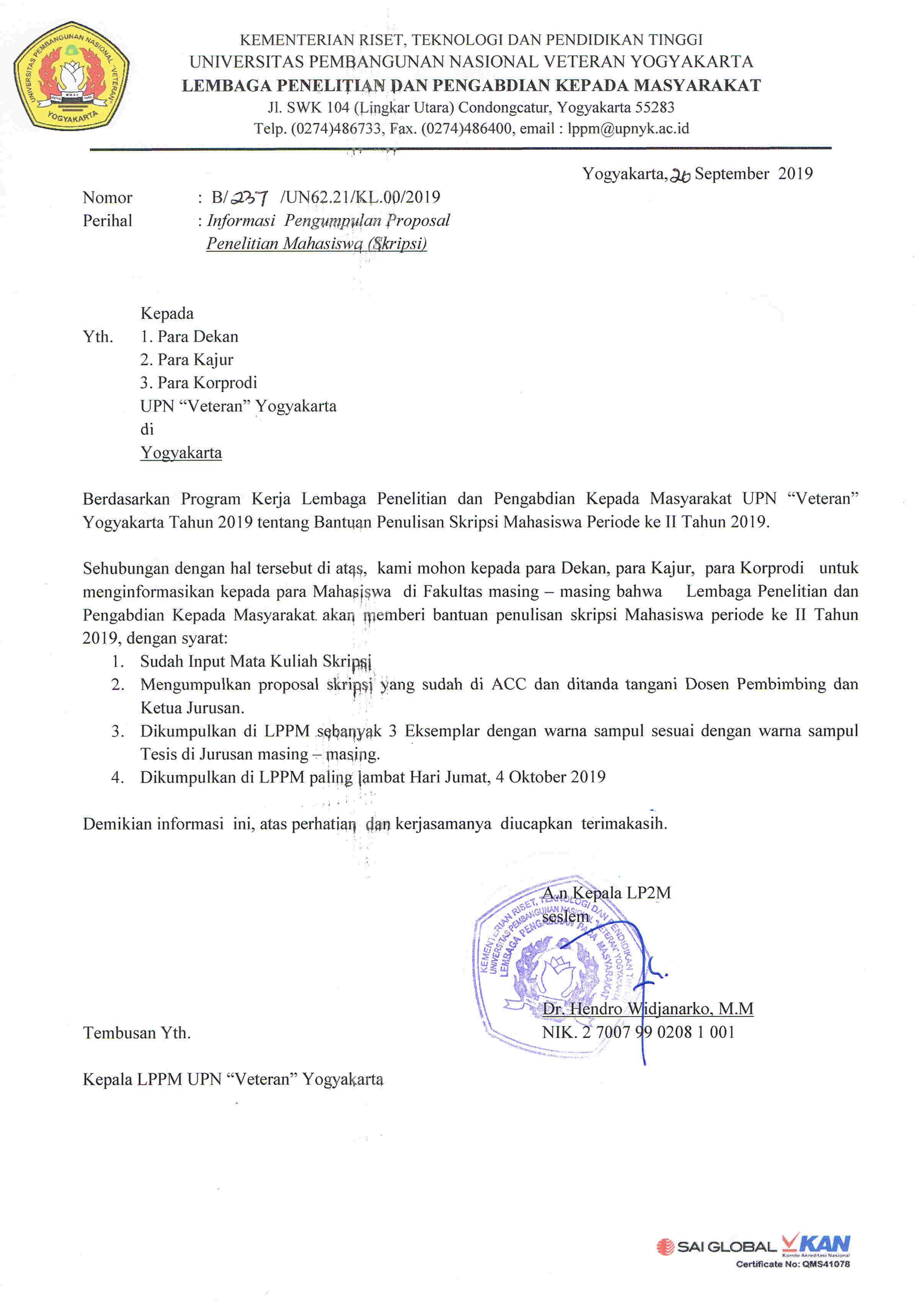 INFORMASI PENGUMPULAN PROPOSAL PENELITIAN MAHASISWA (SKRIPSI)