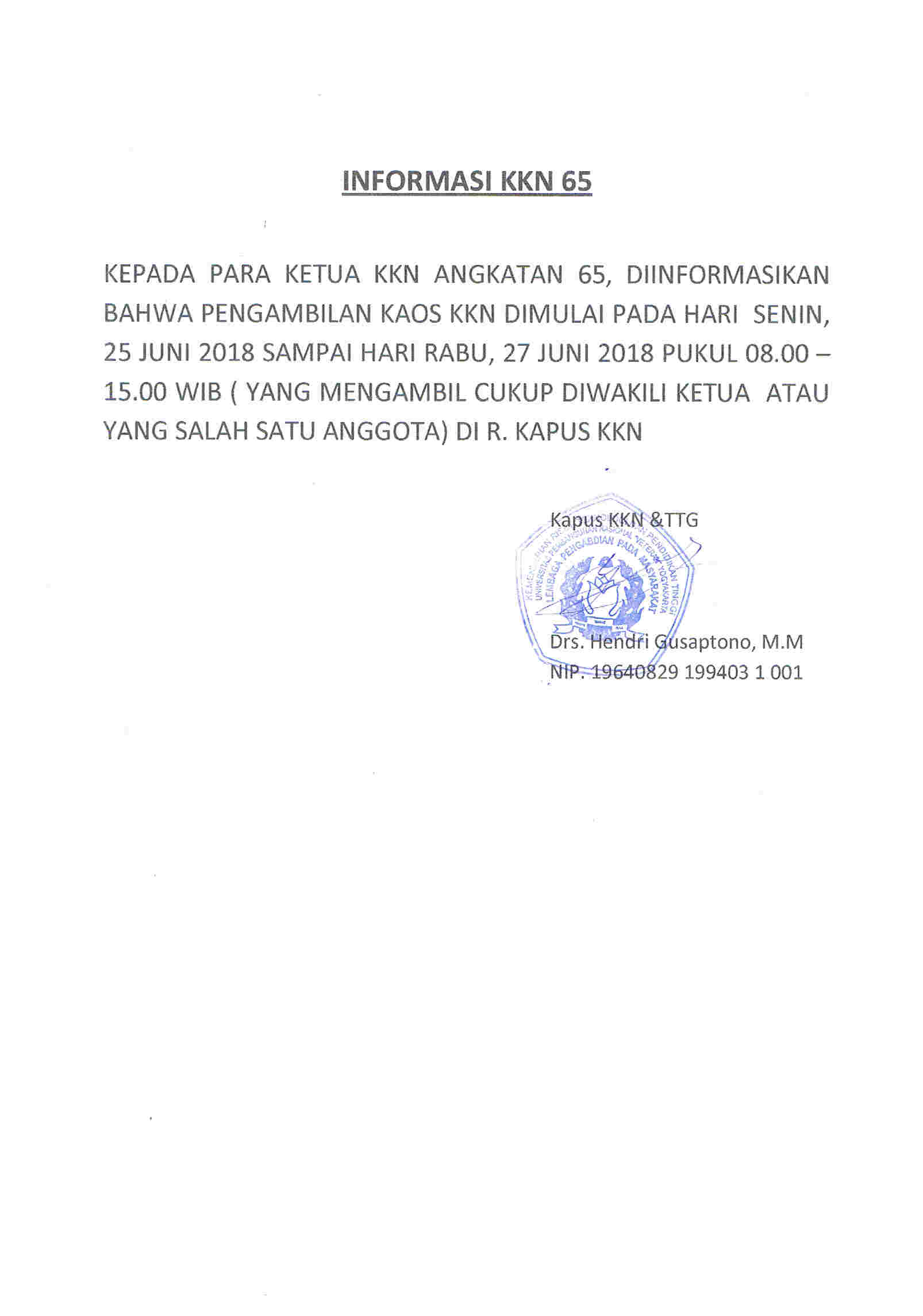 Informasi Pengambilan Kaos KKN 65
