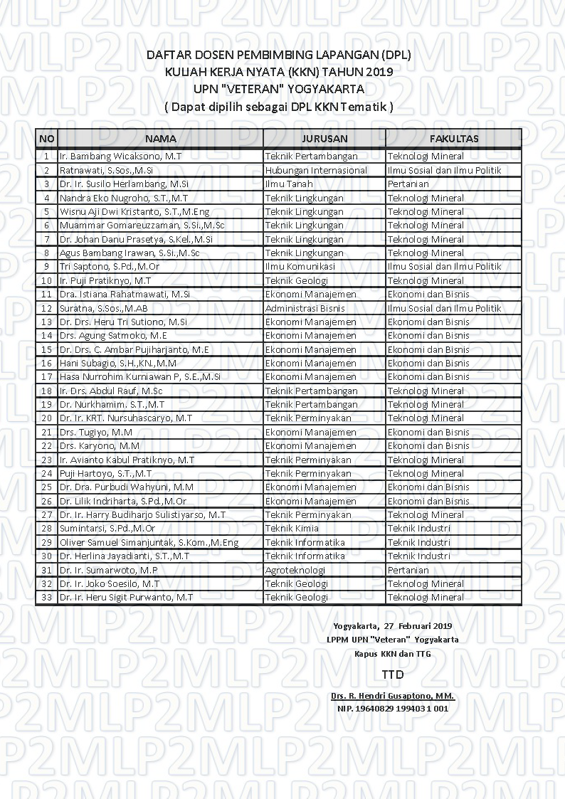Daftar Dosen Pembimbing Lapangan (DPL) Tahun 2019