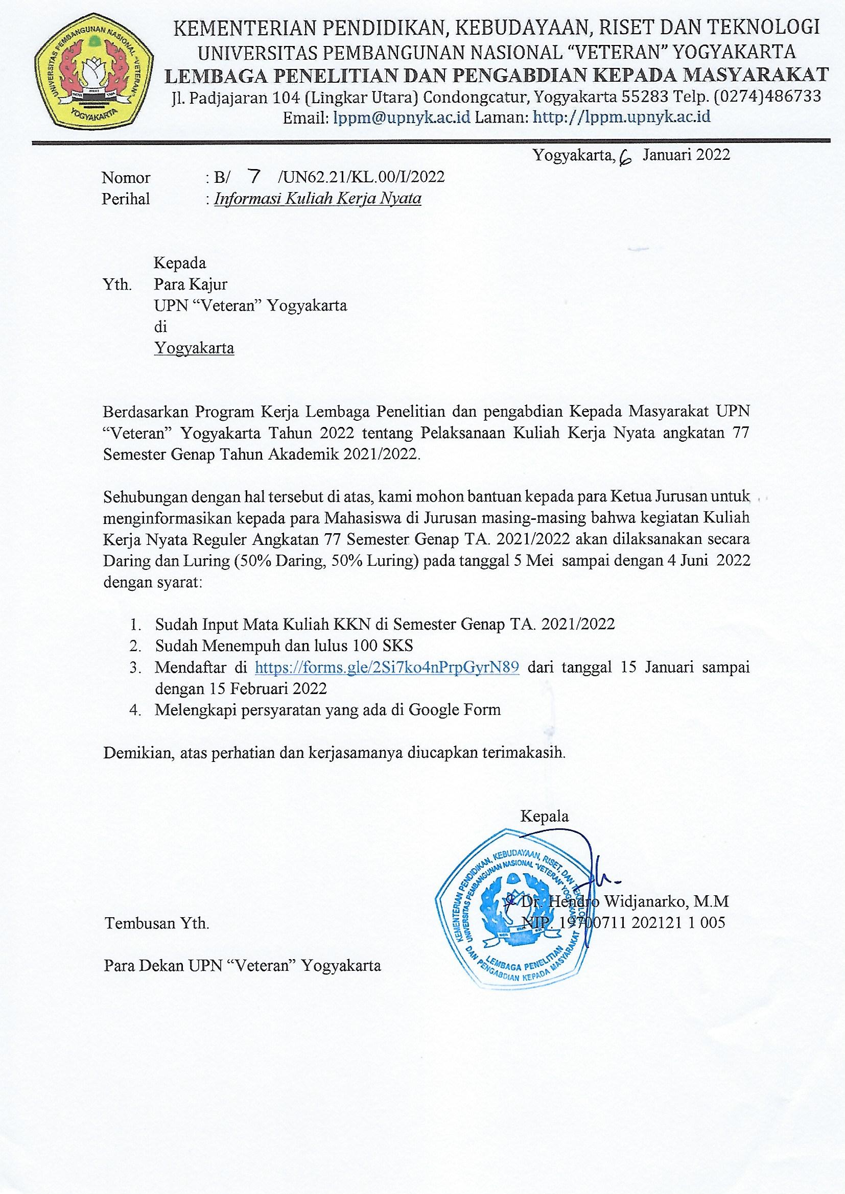 INFORMASI KULIAH KERJA NYATA (KKN) REGULER ANGKATAN 77