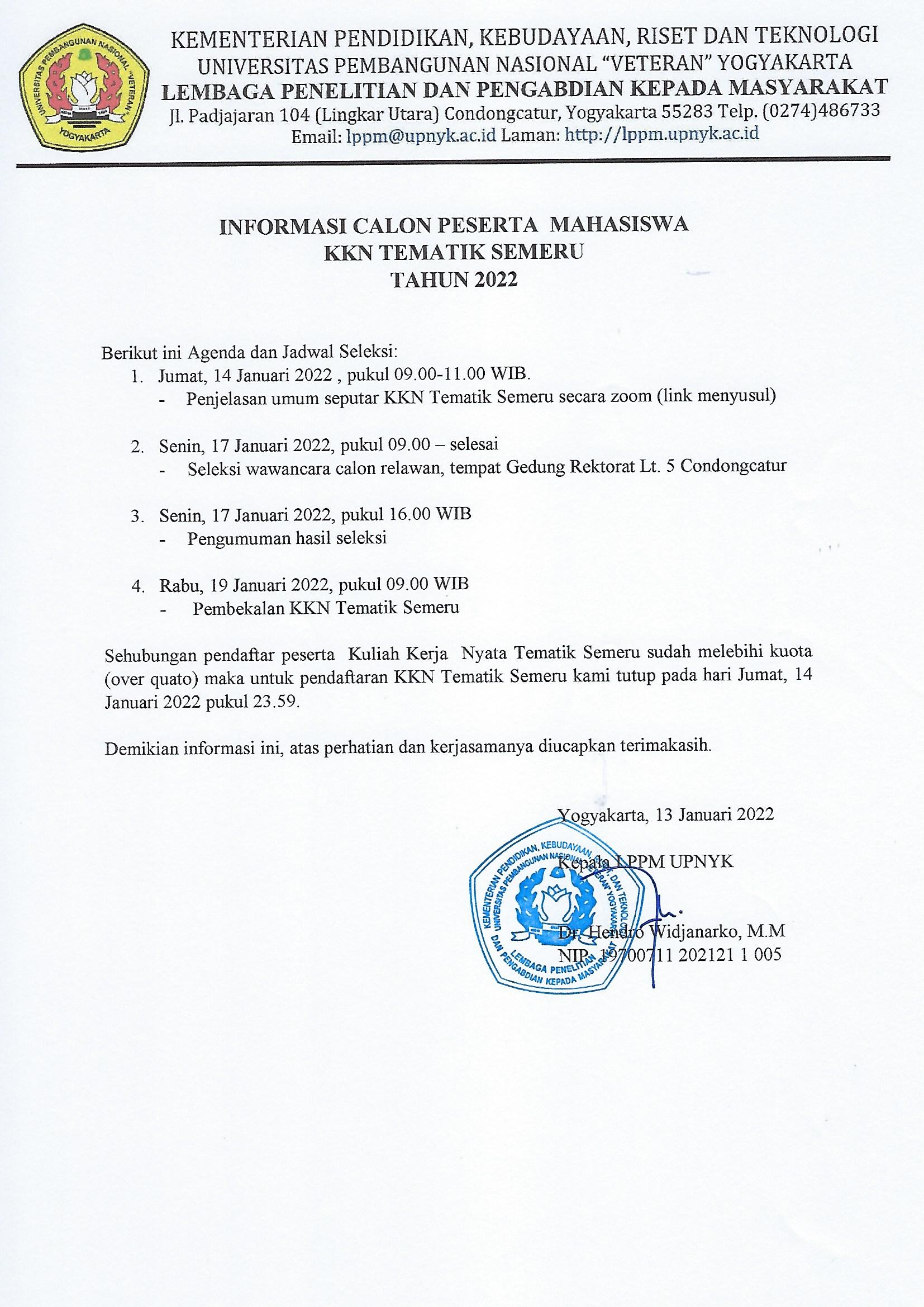 INFORMASI AGENDA DAN JADWAL SELEKSI KKN TEMATIK BENCANA Gn SEMERU