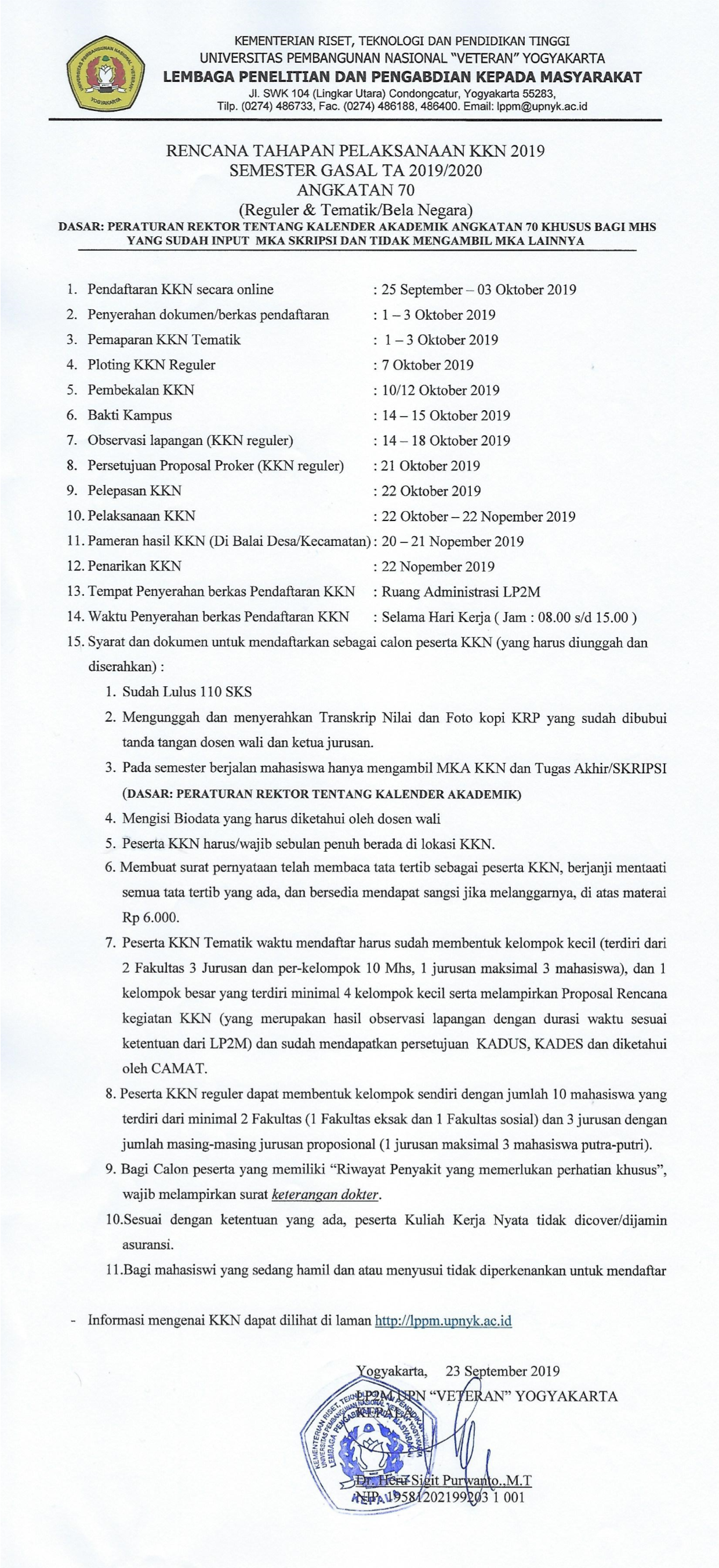 RENCANA TAHAPAN PELAKSANAAN KKN 2019 ANGKATAN 70