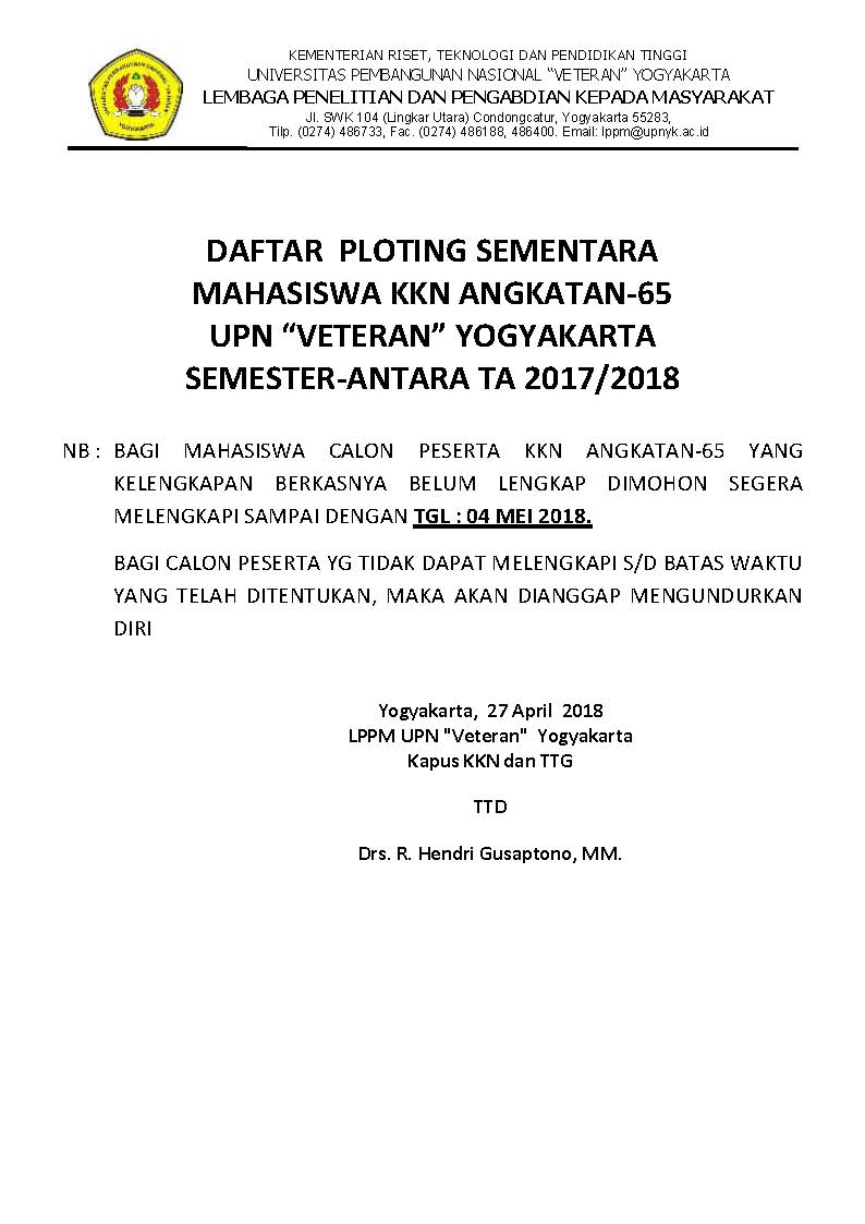DAFTAR SEMENTARA PLOTING PESERTA KKN ANGKATAN 65 - RALAT 07