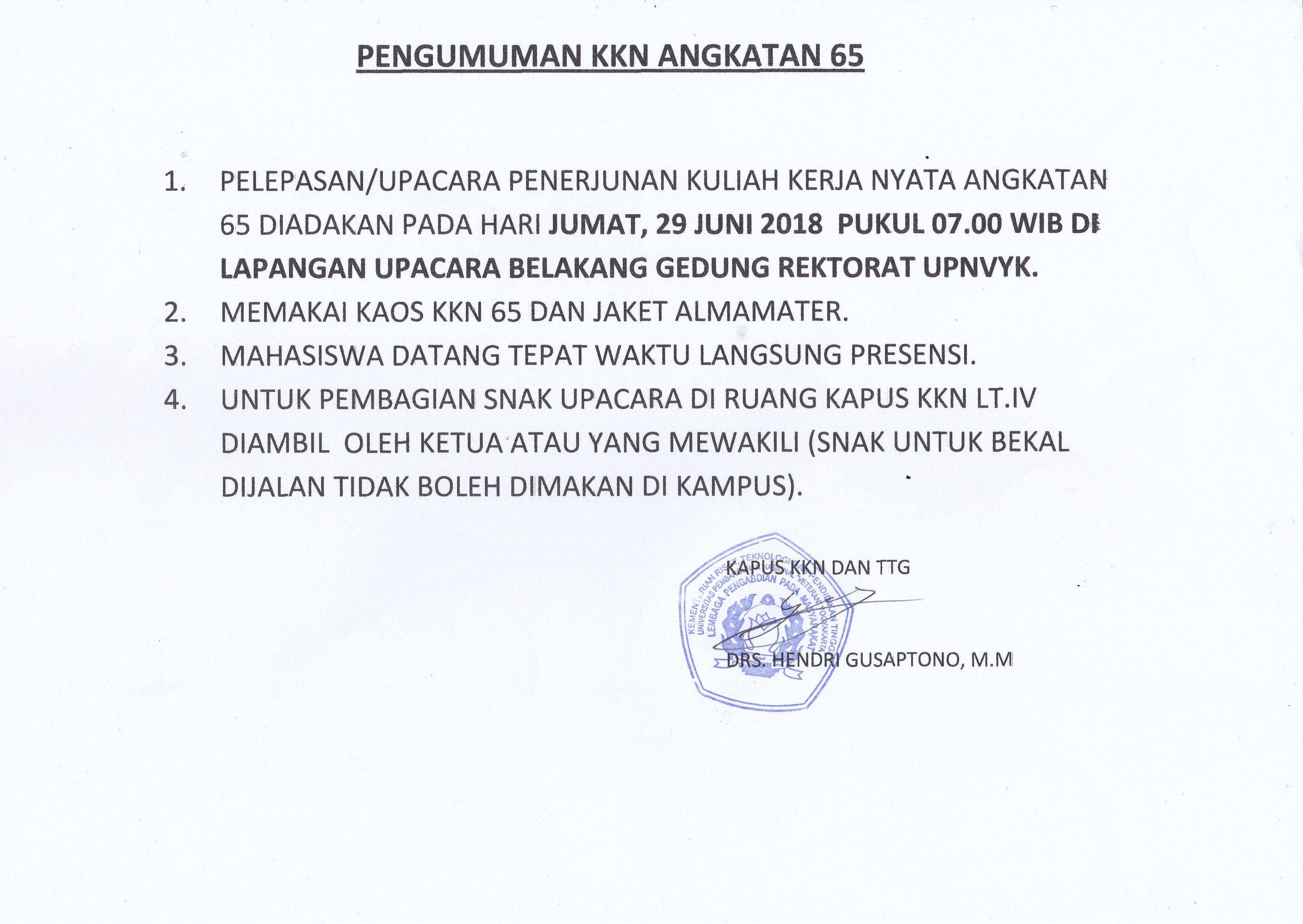 PENGUMUMAN PELEPASAN KKN ANGKATAN 65