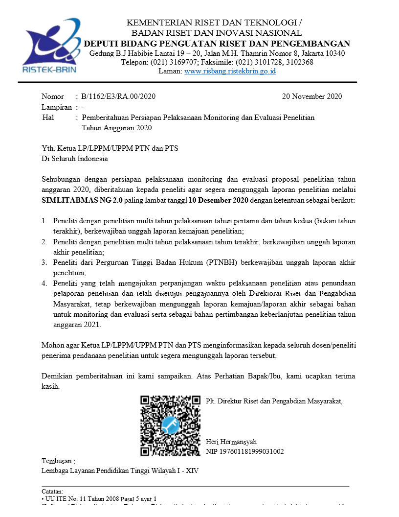 Pemberitahuan Pelaksanaan Monitoring dan Evaluasi Penelitian Tahun Anggaran2020