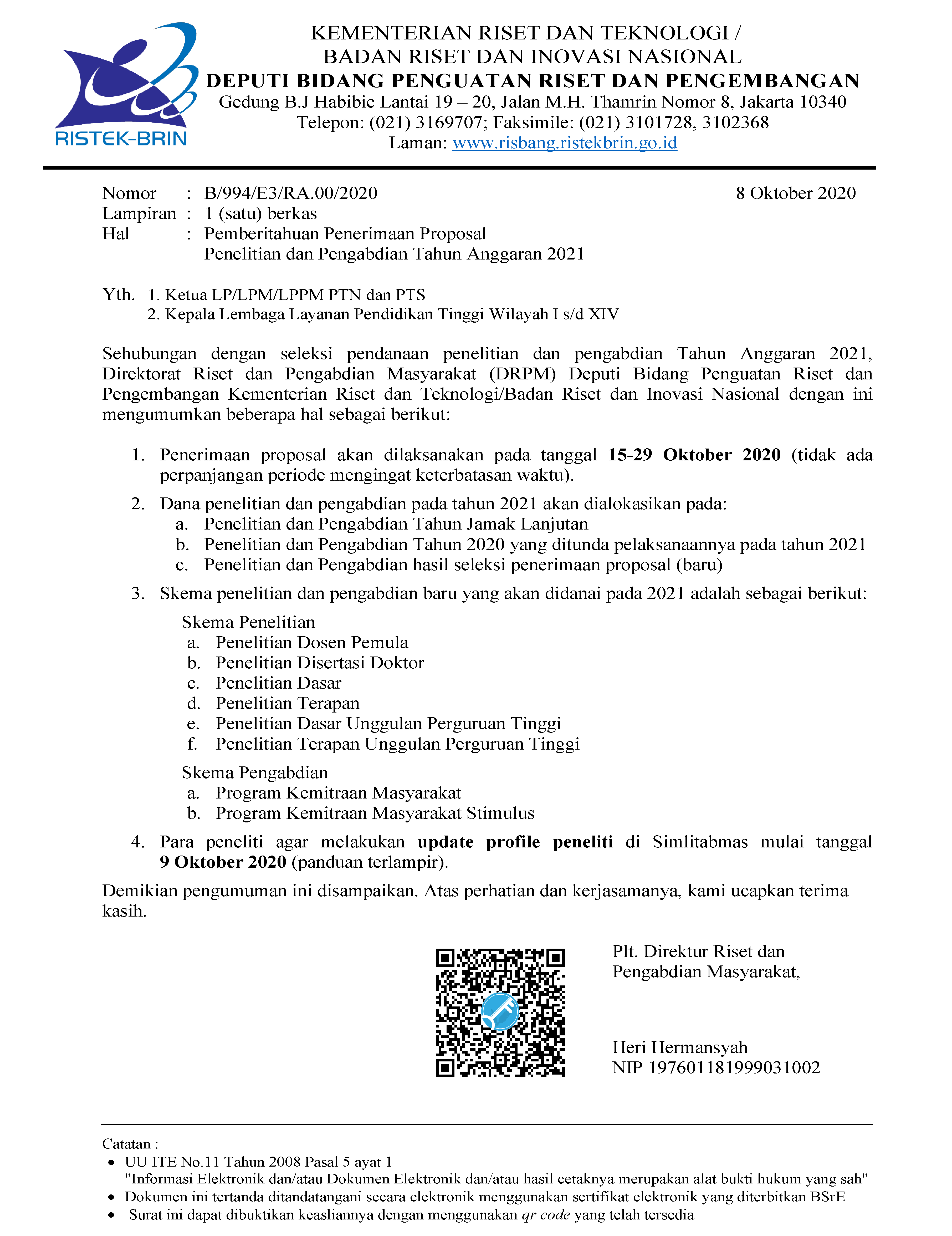 PENERIMAAN PROPOSAL PENELITIAN DAN PENGABDIAN KEMENRISTEK/BRIN TA 2021