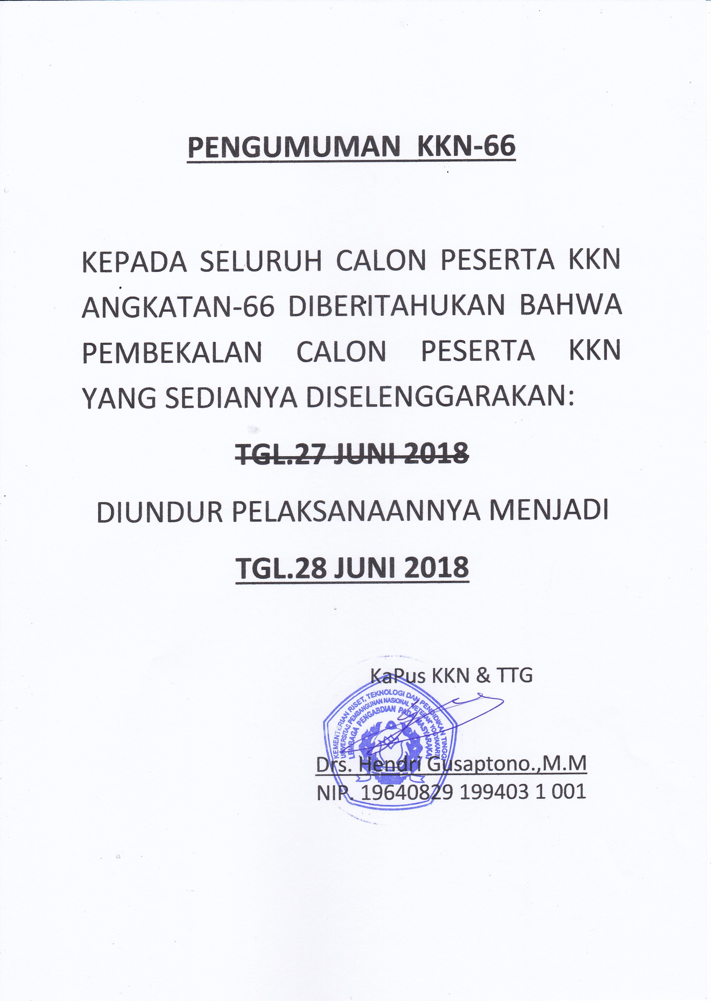 PENGUMUMAN PEMBEKALAN KKN ANGKATAN 66