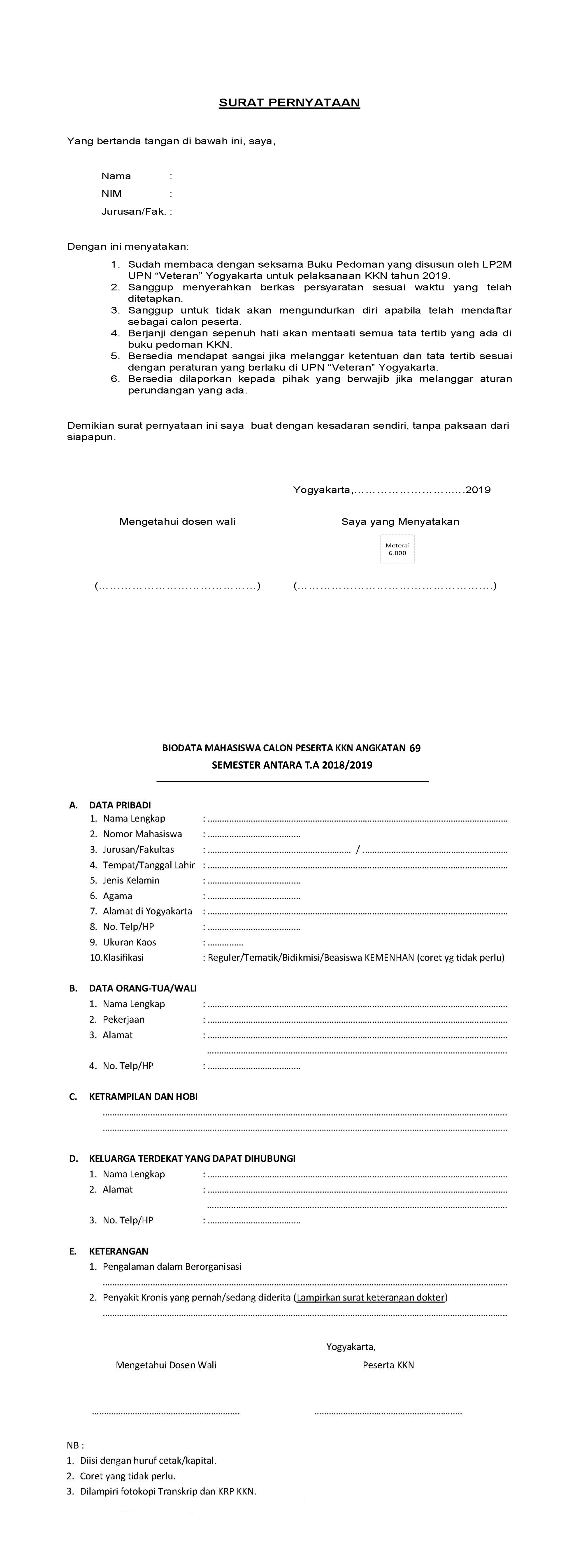 Surat Pernyataan dan Bio-Data Mahasiswa KKN Angkatan-69 (REVISI)