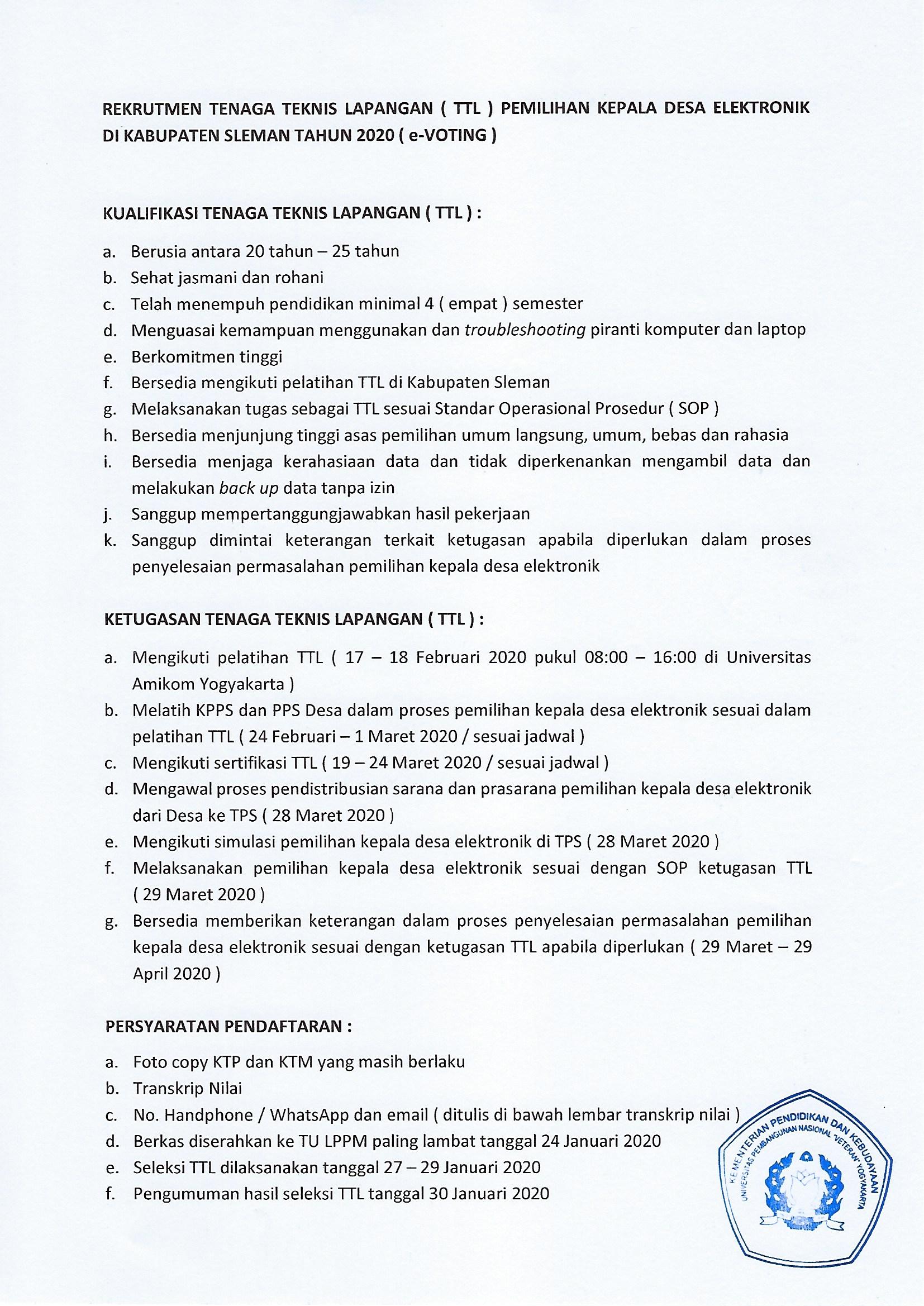 REKRUTMEN TENAGA TEKNIS LAPANGAN ( TTL ) PEMILIHAN KEPALA DESA ELEKTRONIK DI KAB SLEMAN Thn 2020
