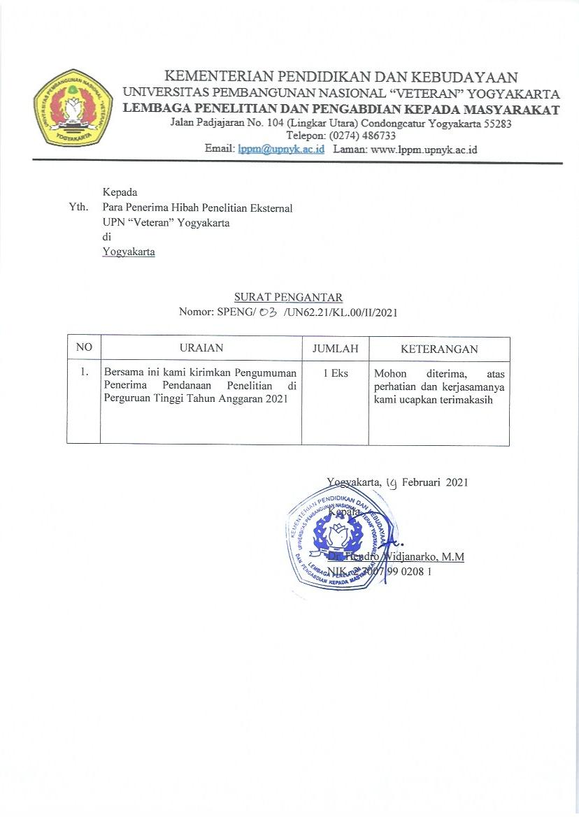 Pengumuman Penerima Pendanaan Penelitian DRPM TA 2021 UPNVY