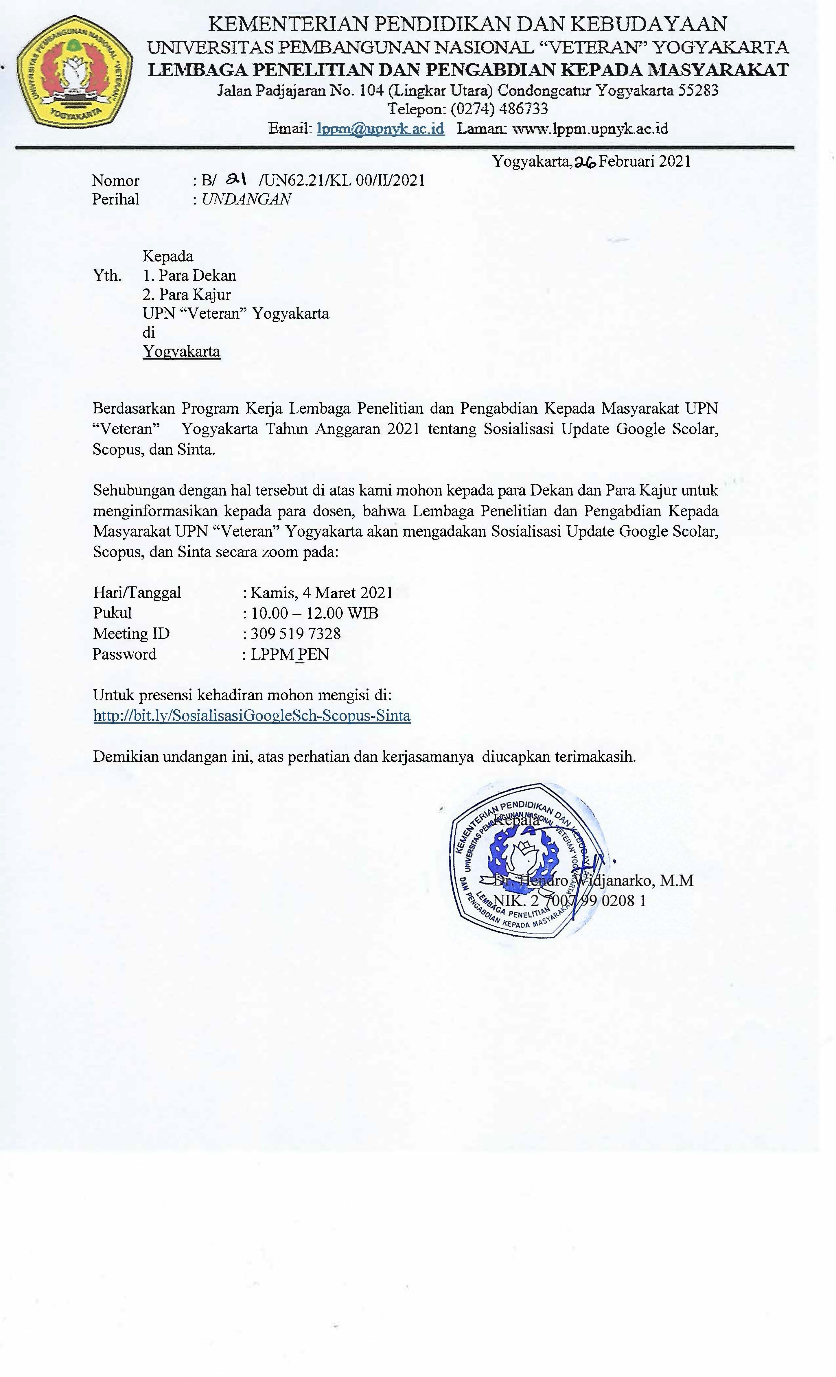 UNDANGAN SOSIALISASI UPDATE GOOGLE SCHOLAR, SCOPUS DAN SINTA
