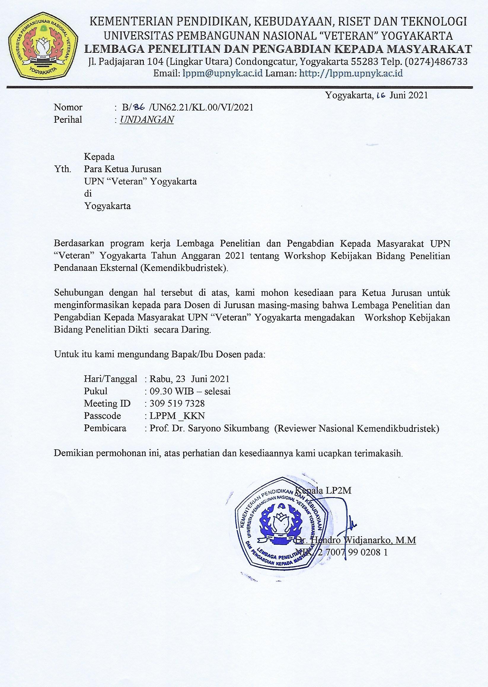 UNDANGAN WORKSHOP KEBIJAKAN BIDANG PENELITIAN DIKTI