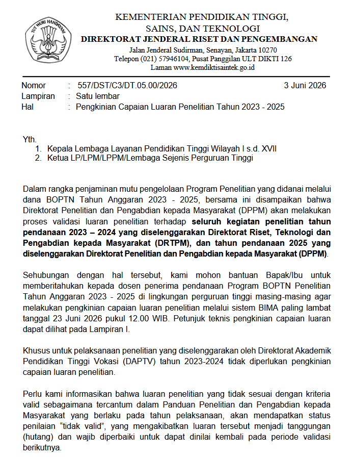 Info Pengkinian Capaian Luaran Penelitian Tahun 2023 - 2025 Hibah DRTPM dan DPPM
