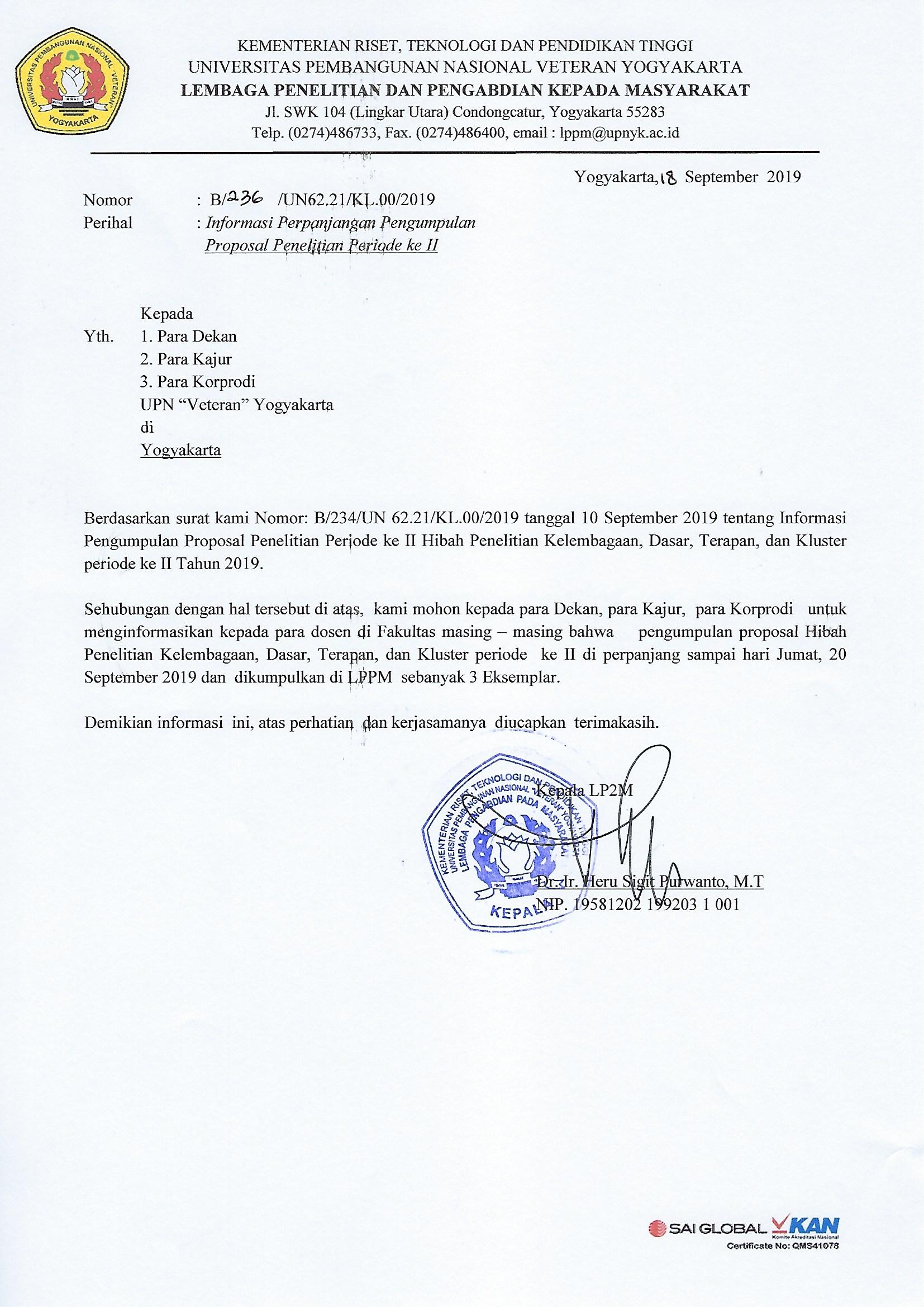 PERPANJANGAN WAKTU PENGUMPULAH PROPOSAL HIBAH INTERNAL BATCH 2
