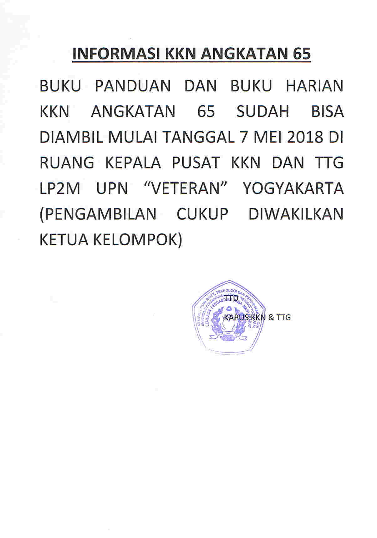Informasi Pengambilan Buku Panduan dan Buku Harian KKN Angkatan 65