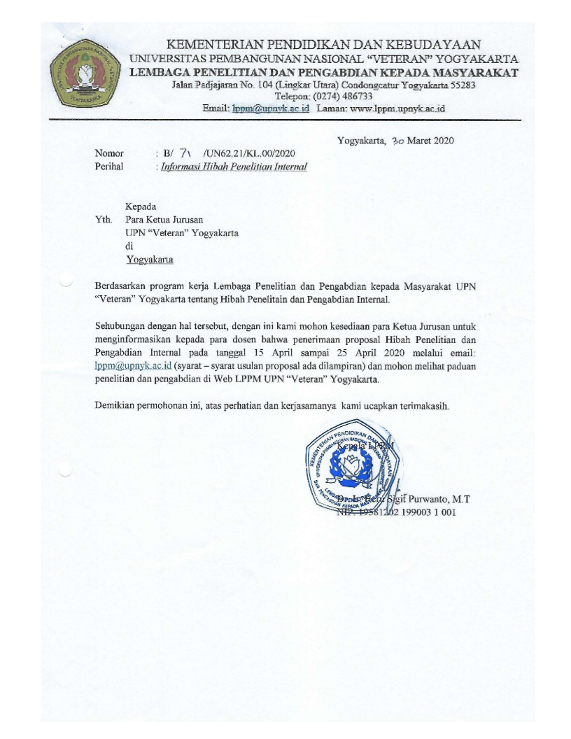 INFORMASI HIBAH PENELITIAN DAN PENGABDIAN INTERNAL UPNVY 2020