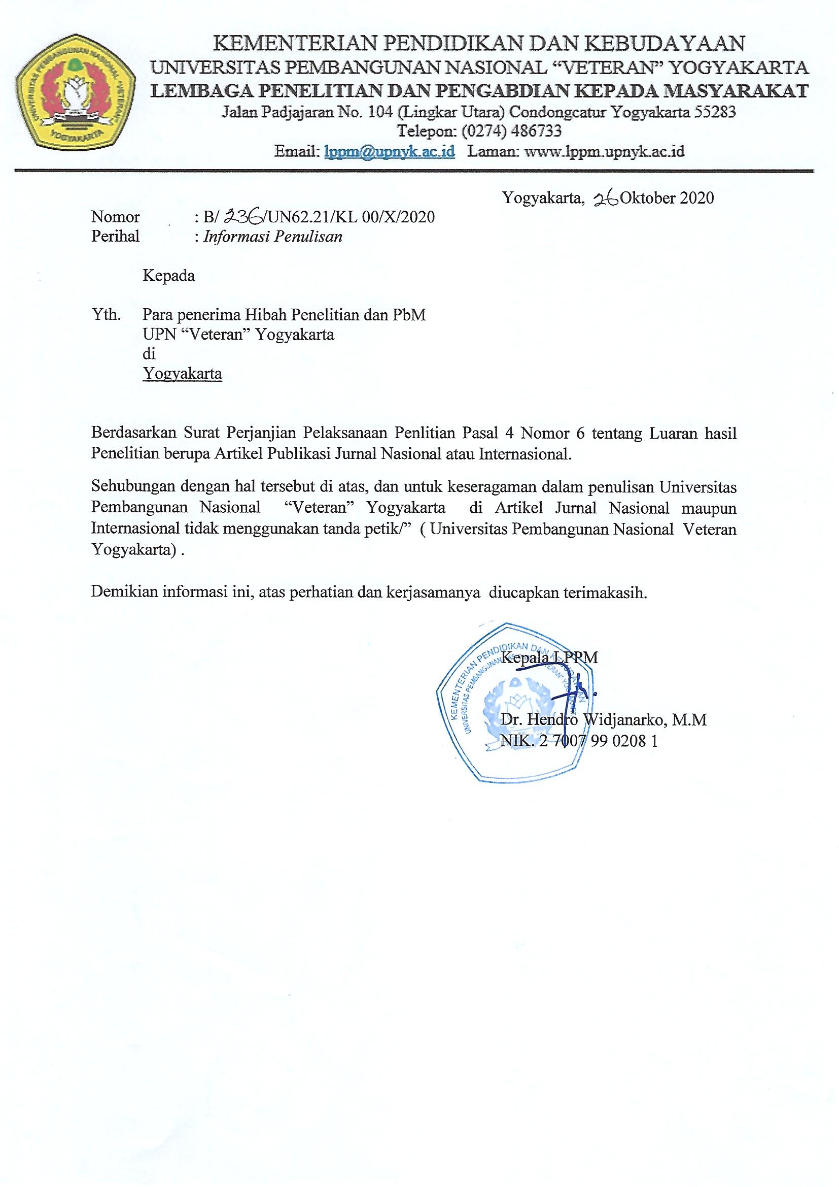 Informasi Penulisan nama PT di Artikel Jurnal / Prosiding