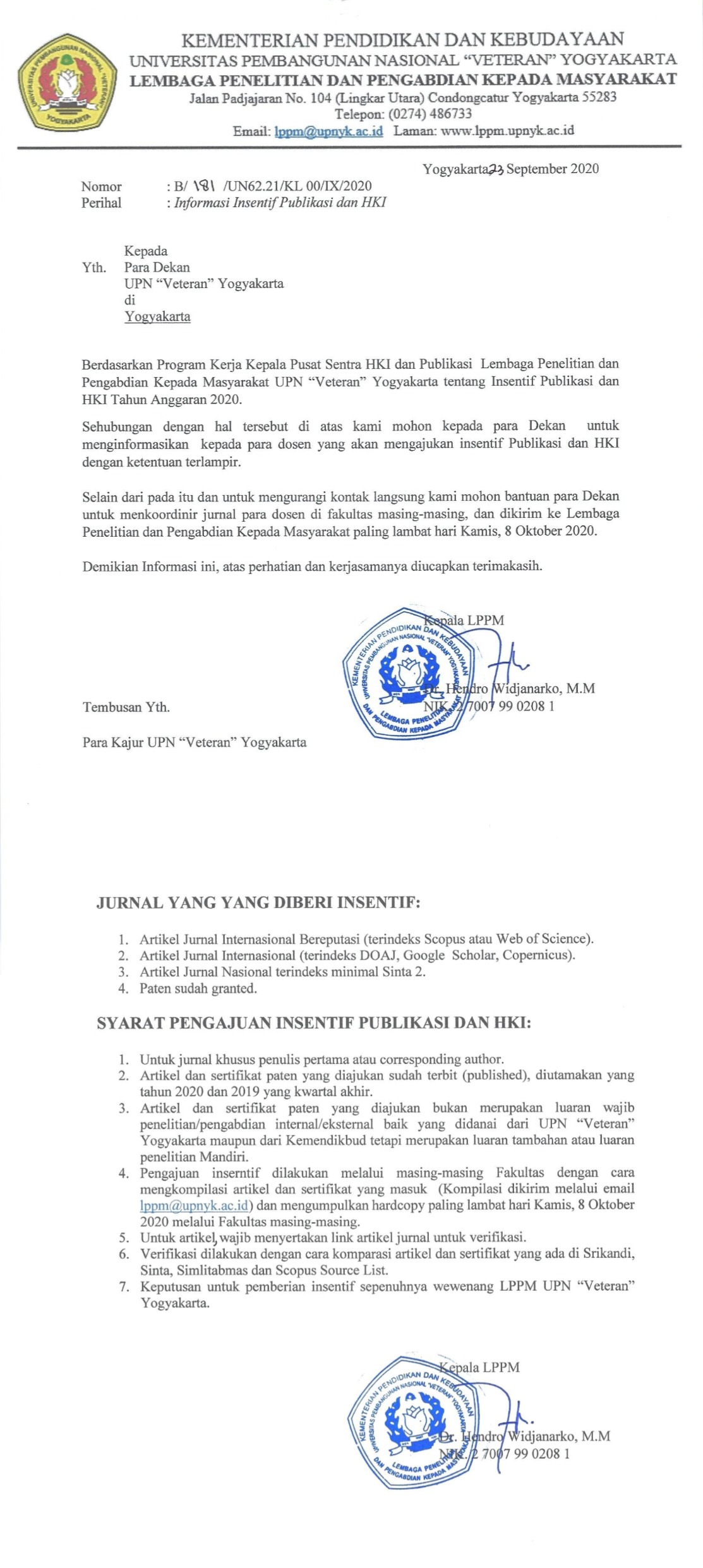 INFORMASI INSENTIF PUBLIKASI DAN HKI TA 2020