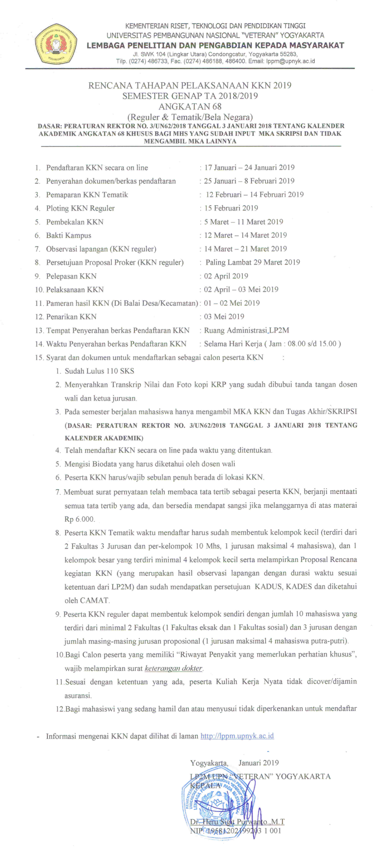 RENCANA TAHAPAN PELAKSANAAN KKN ANGKATAN 68 TA 2018-2019