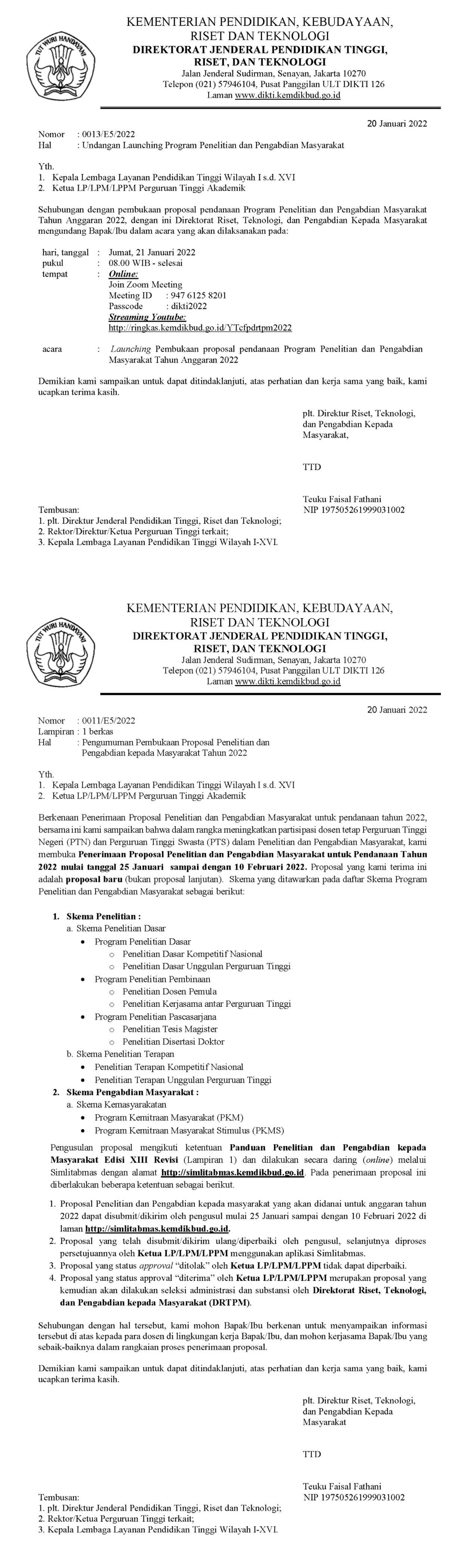 Launching dan Pengumuman Pembukaan Proposal Penelitian dan Pengabdian Masyarakat Dikti Tahun 2022