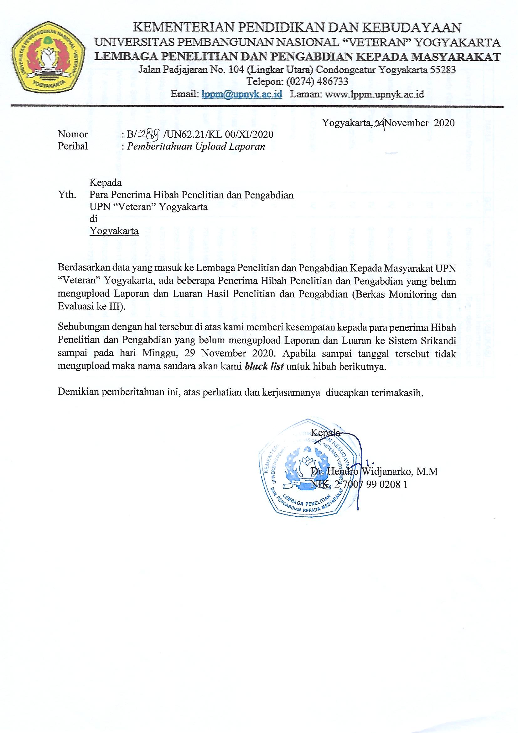 Pemberitahuan Upload Laporan Hibah Internal TA 2020