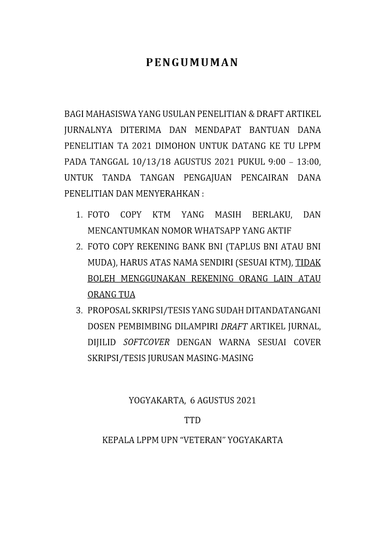 DAFTAR  MAHASISWA PENERIMA BANTUAN DANA PENELITIAN TAHUN 2021