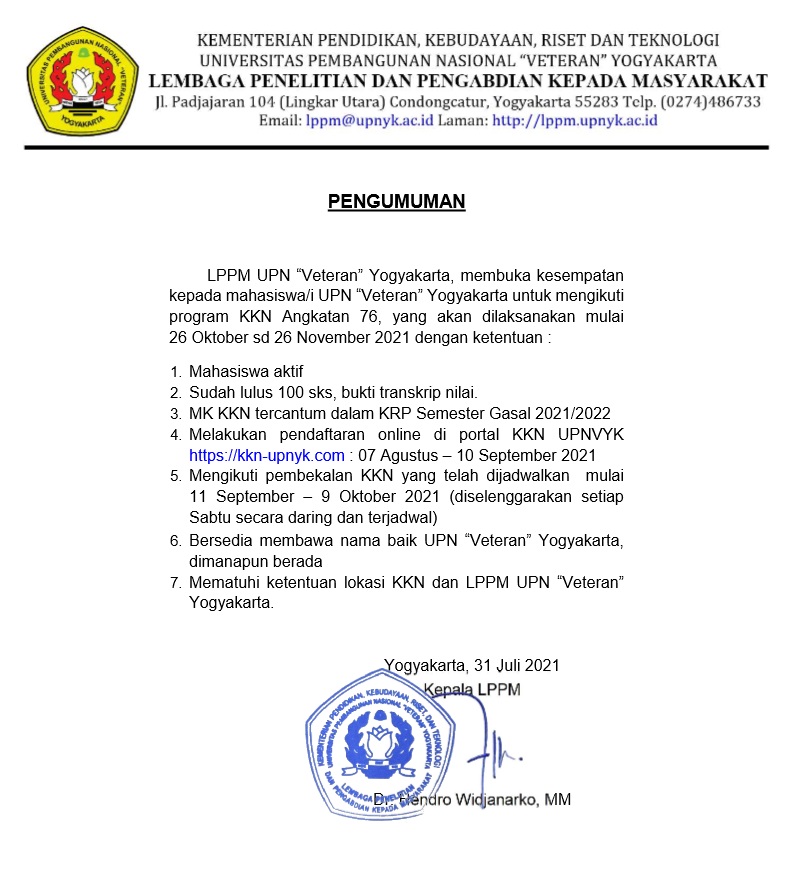 PENGUMUMAN PENDAFTARAN KKN ANGKATAN 76 SEMESTER GASAL 2021-2022