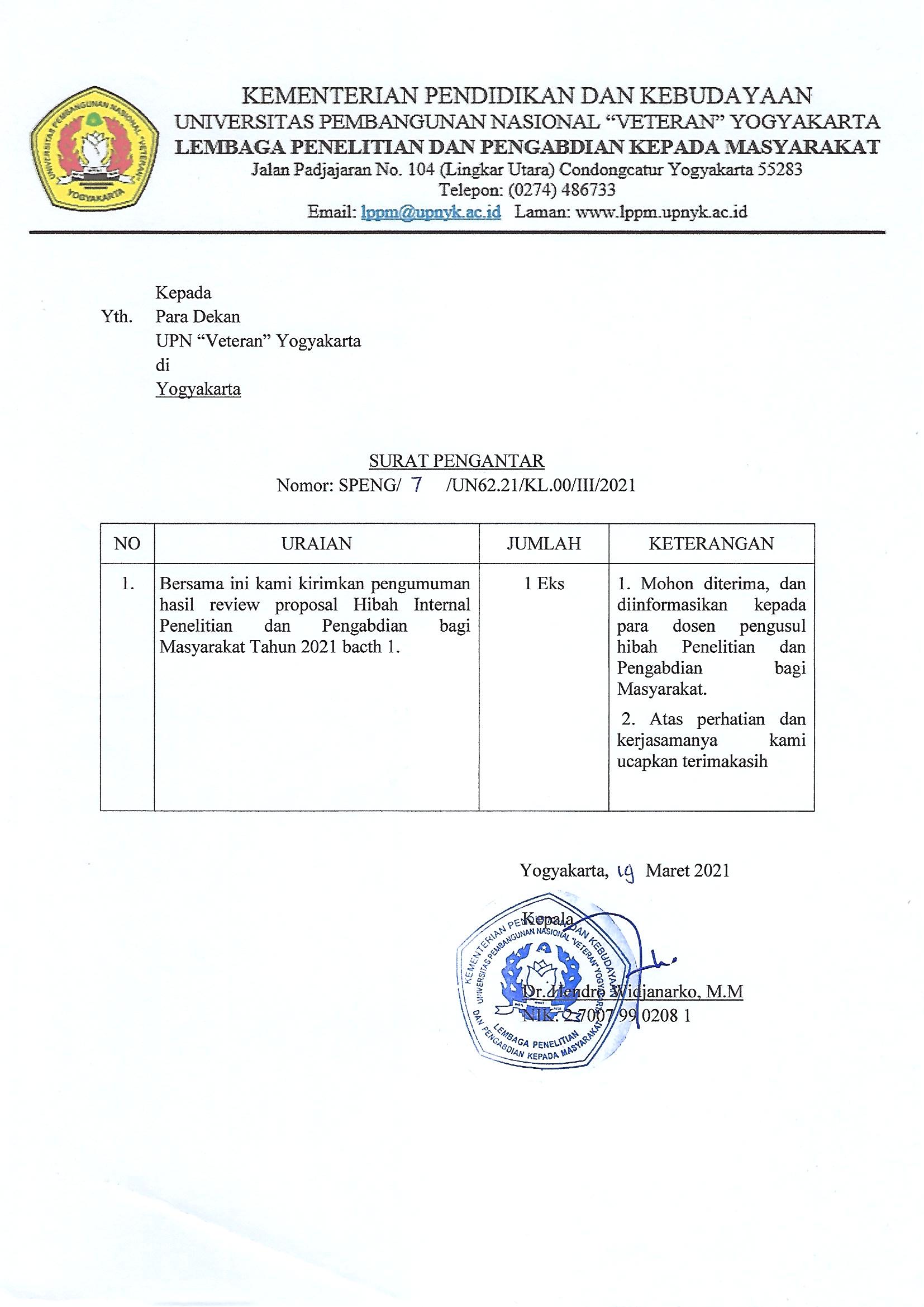 PENGUMUMAN PENERIMA HIBAH PENELITIAN-PENGABDIAN INTERNAL UPNVY TA 2021 BATCH 1