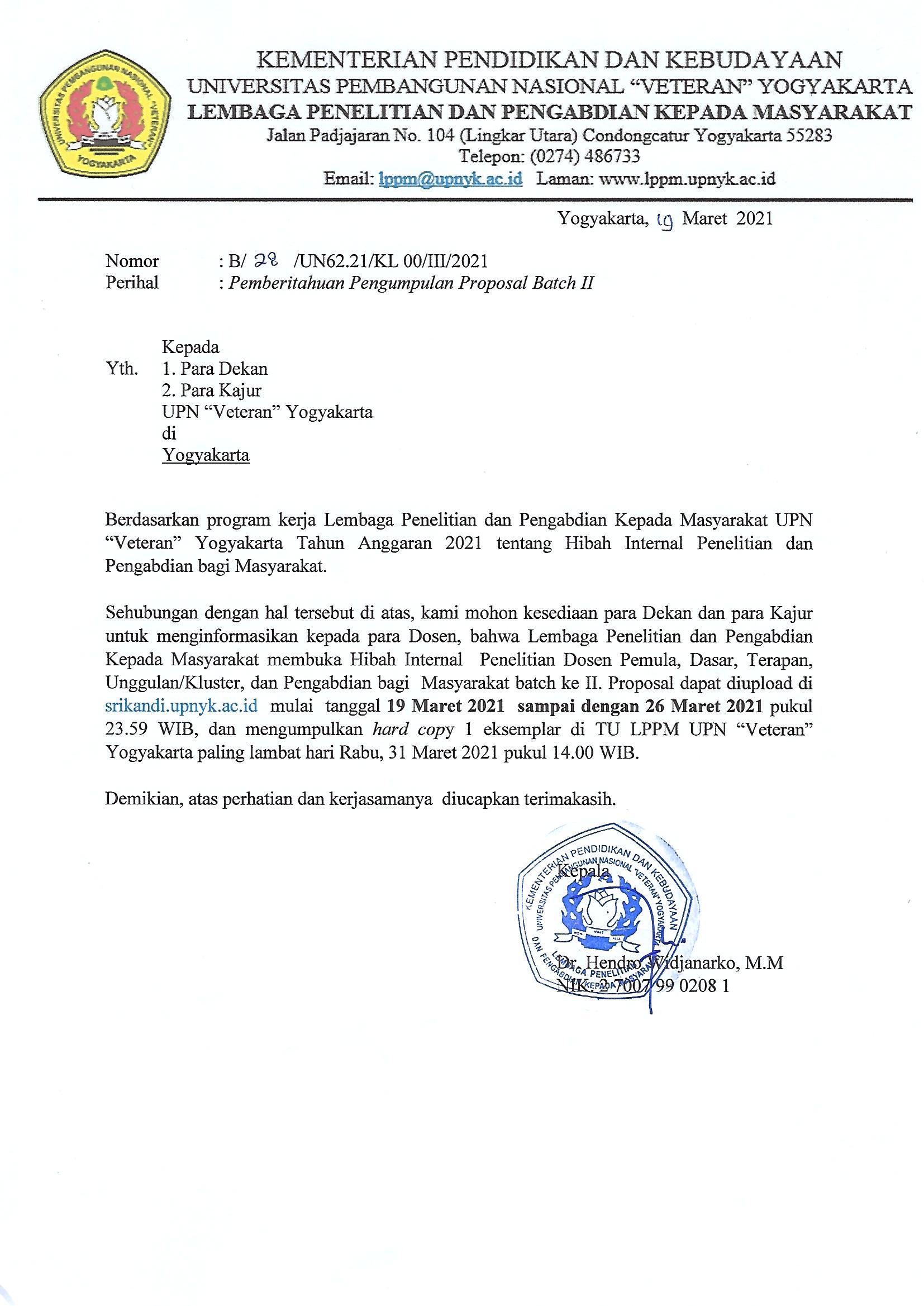 PENGUMUMAN PENERIMAAN PROPOSAL PENELITIAN - PENGABDIAN INTERNAL BATCH 2