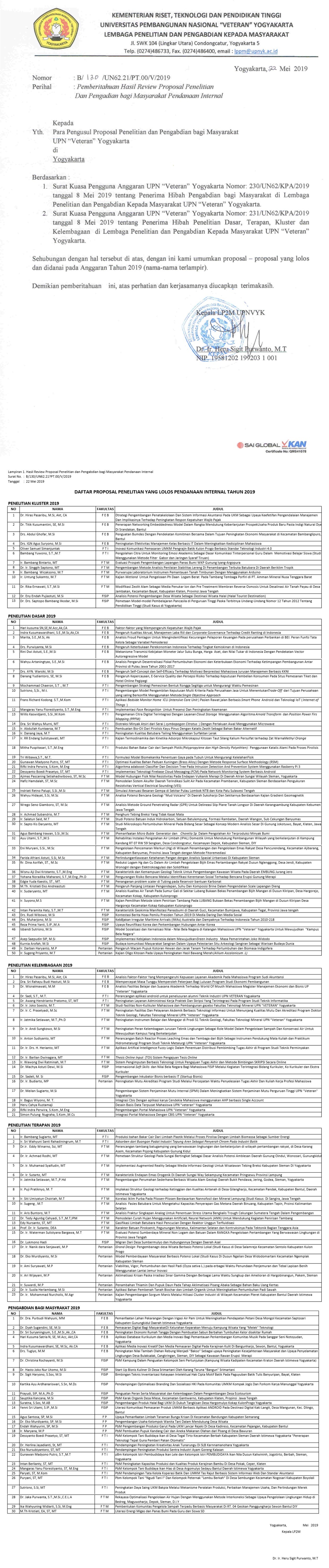 PEMBERITAHUAN HASIL REVIEW PROPOSAL PENELITIAN DAN PENGABDIAN BAGI MASYARAKAT PENDANAAN INTERNAL UPN
